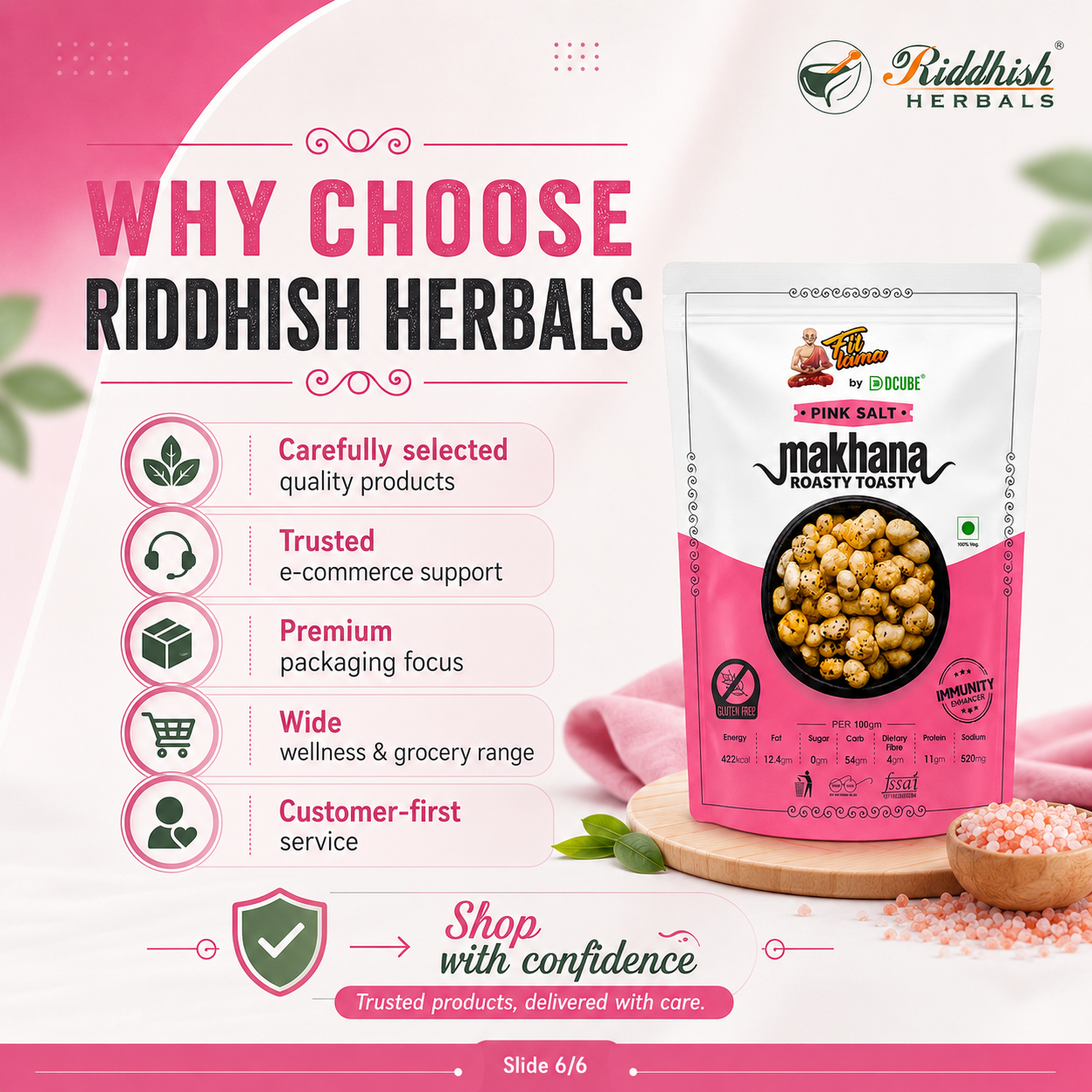 Pink Salt Makhana 95gm | Fox Nuts with Himalayan Pink Salt | Healthy Flavoured Snack | Riddhish Herbals