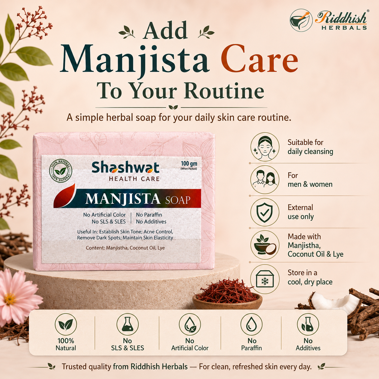 Manjistha Soap (Rubia cordifolia) | Ayurvedic Handmade Skin Tone & Blood-Purifying Soap | Riddhish Herbals | 100g