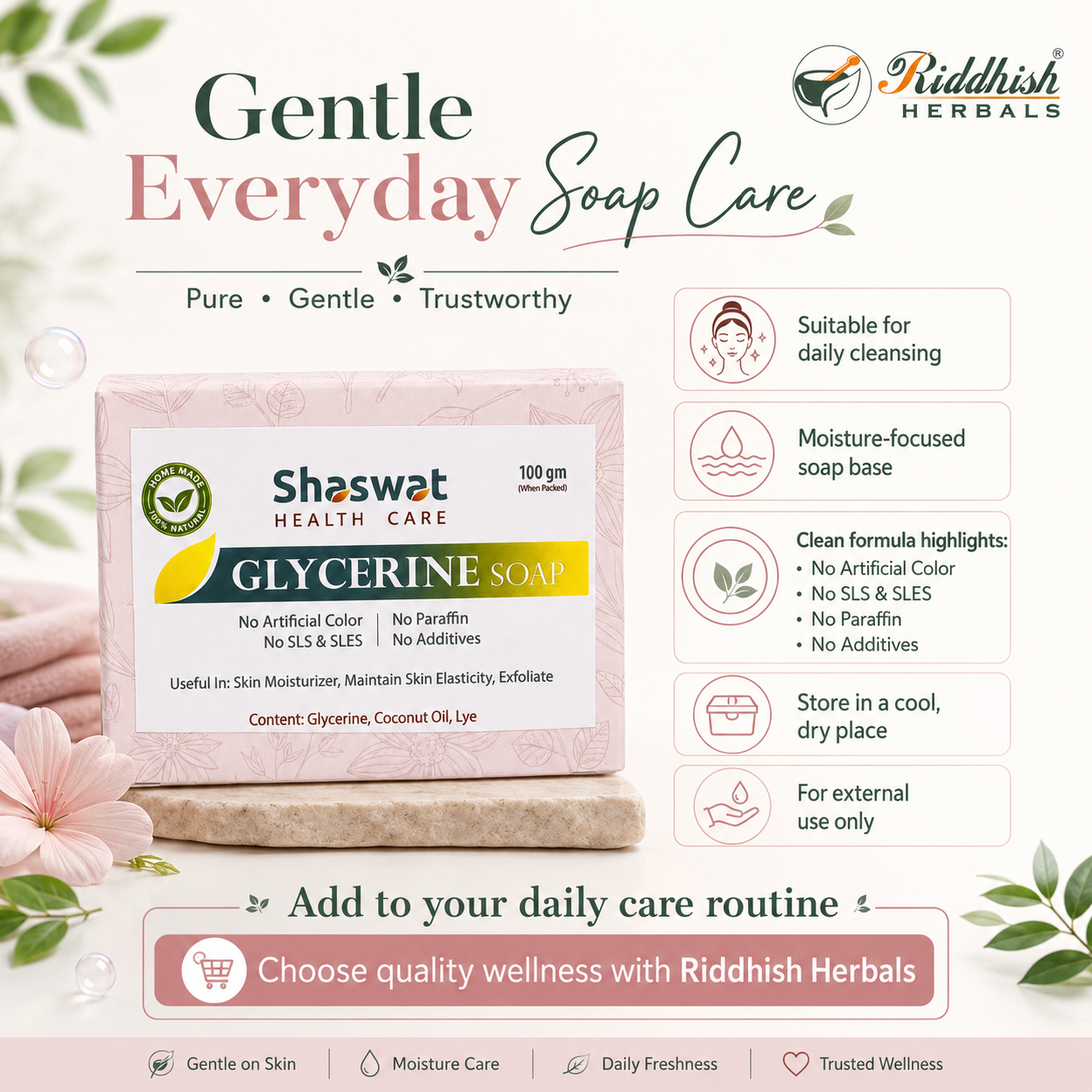 Glycerine Soap | Ayurvedic Handmade Deep Moisturising & Skin Softening Soap | Riddhish Herbals | 100g