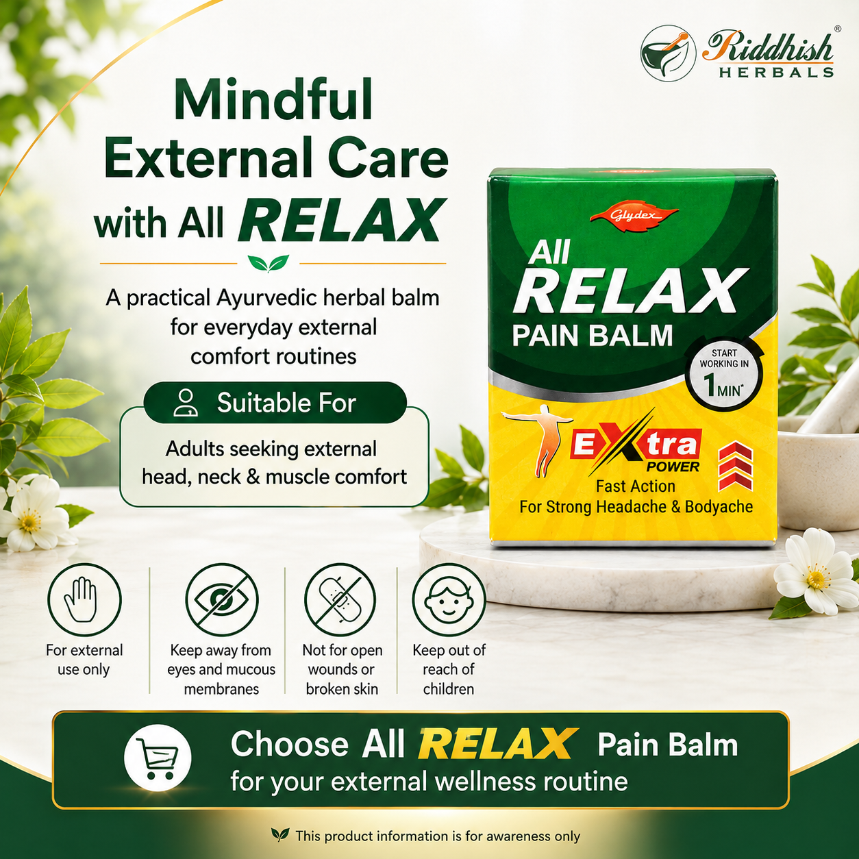 All Relax Pain Balm | Glydex | Ayurvedic Herbal Balm for Head, Neck & Muscle Comfort | External Use