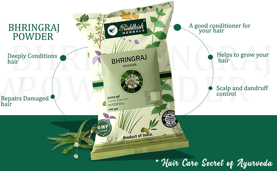 Bhringraj Powder 100gm for Hair, Natural Organic Leaves Herbs, Hair Strengthening, Shine, Conditioning | RIDDHISH HERBALS