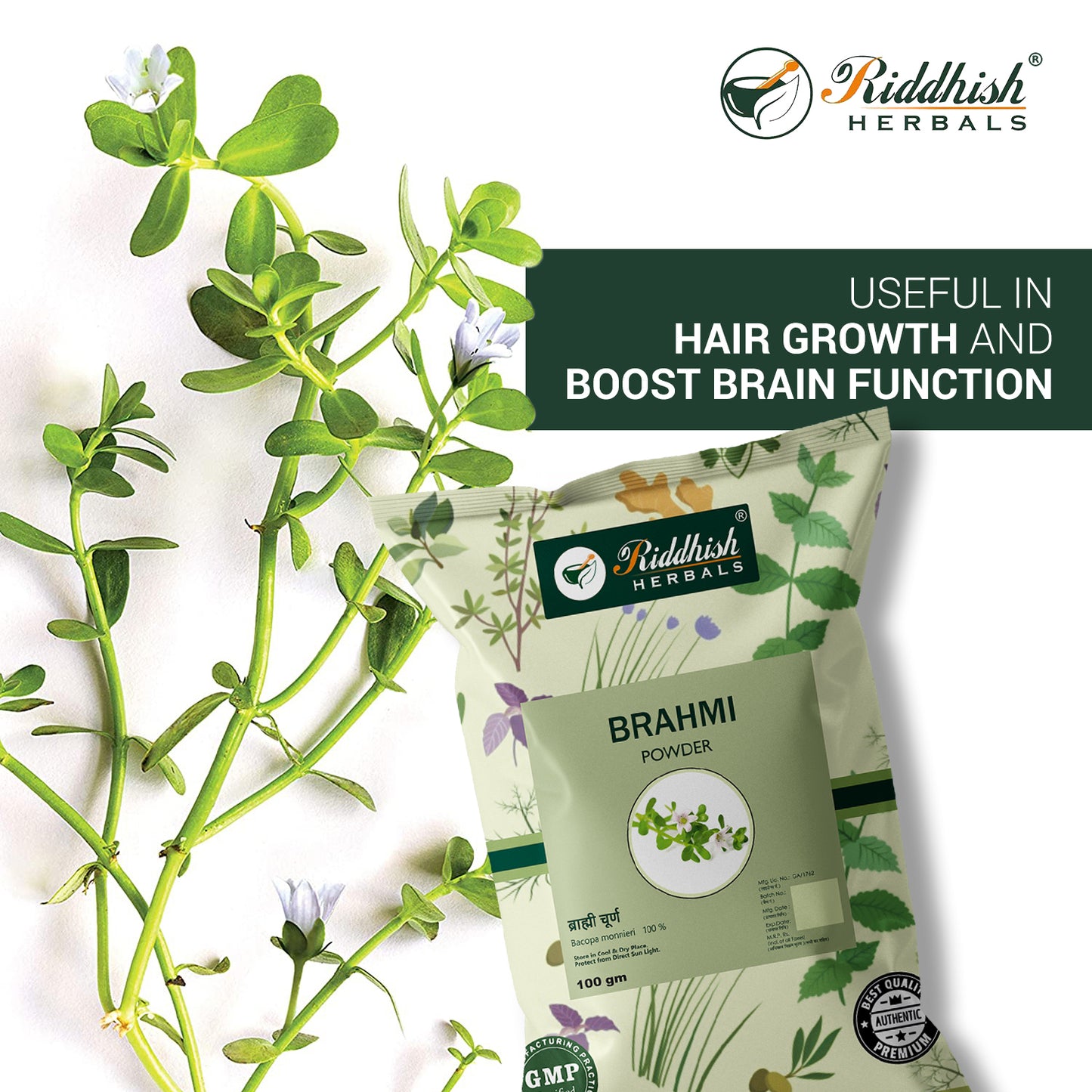 Brahmi Organic Powder 100gm | For Mental Focus & Hair Growth | Ayurvedic Super Herb | RIDDHISH HERBALS