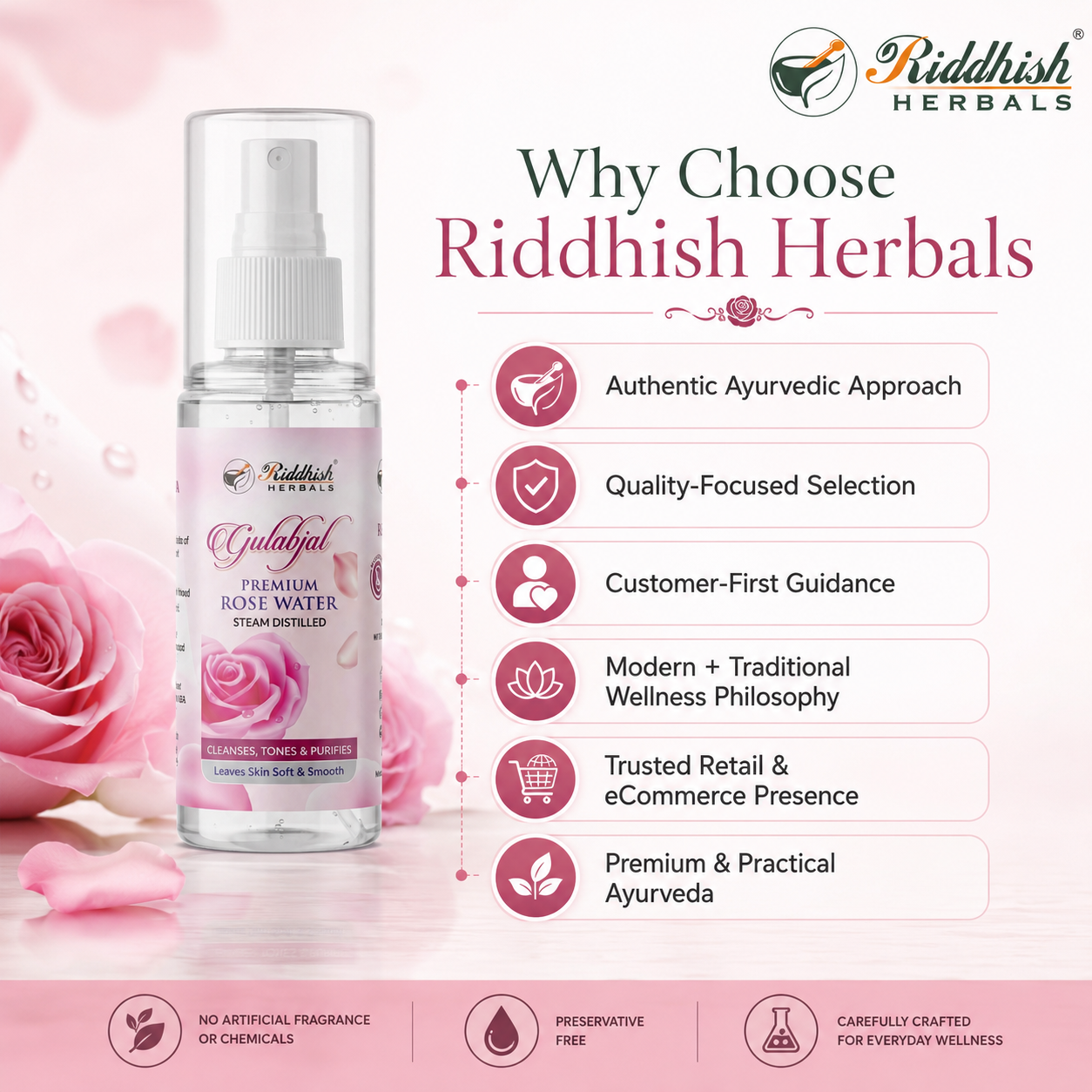 Riddhish Herbals Premium Rose Water (Steam Distilled) | Rosa centifolia | Cleanses, Tones & Purifies | 100ml