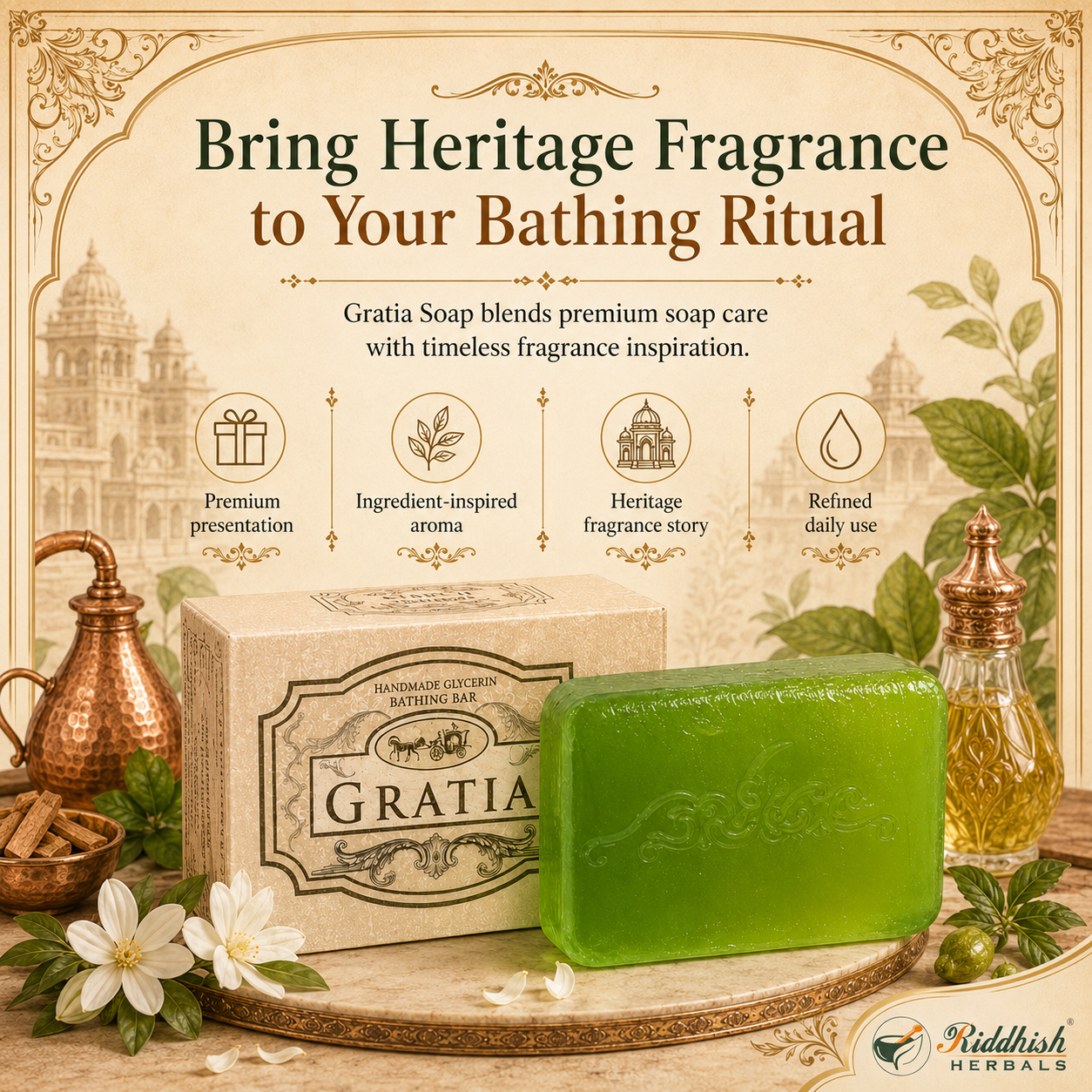 Gratia Handmade Glycerin Soap – Rooh Khus (Vetiver) | Luxury Earthy Fragrance Bathing Bar (125g)