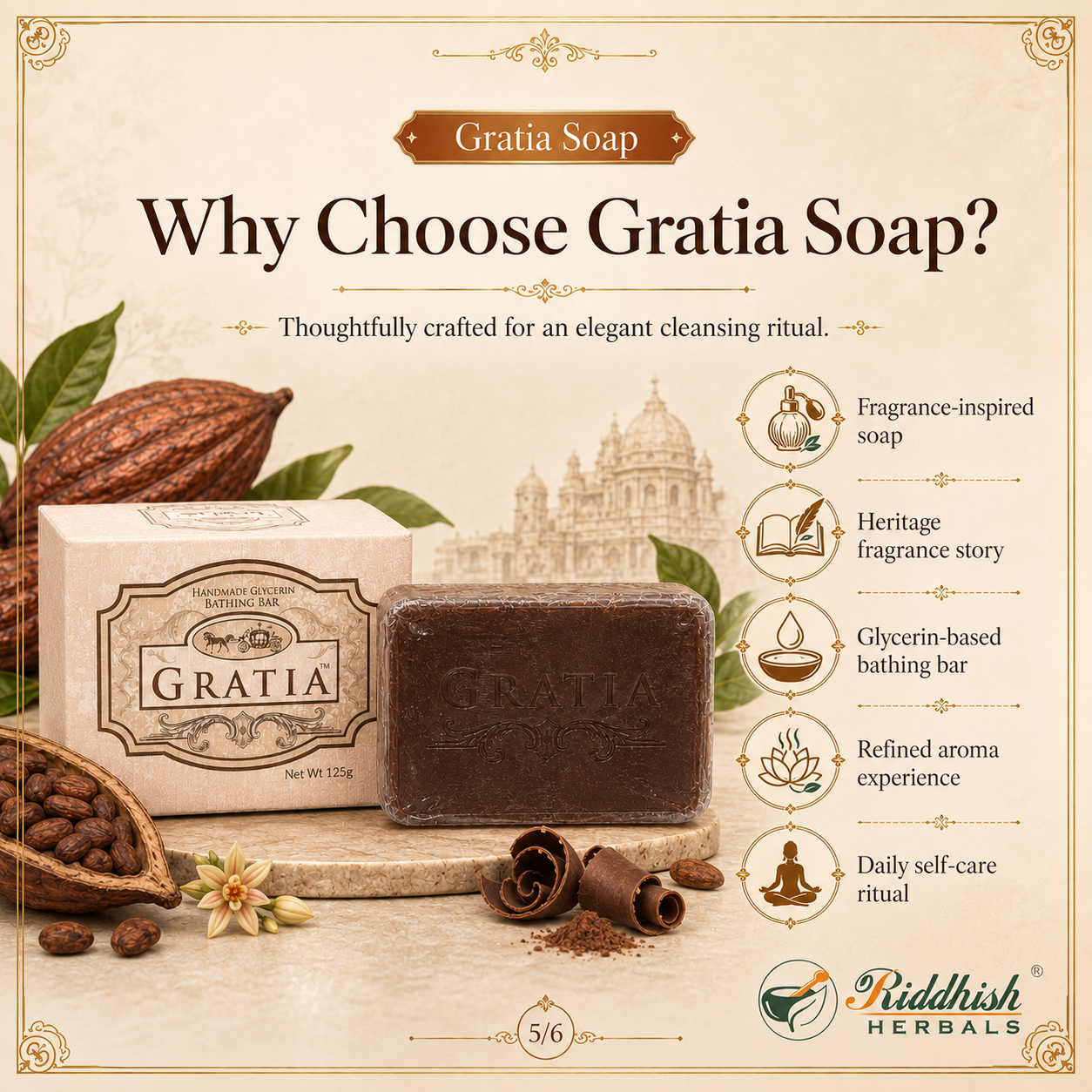 Gratia Handmade Glycerin Soap – Chocolate | Luxury Indulgent Fragrance Bathing Bar (125g)