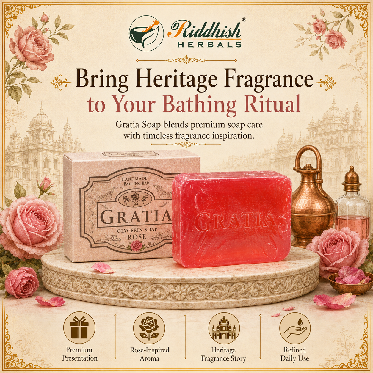 Gratia Handmade Glycerin Soap – Rose (Gulab) | Luxury Floral Fragrance Bathing Bar (125g)
