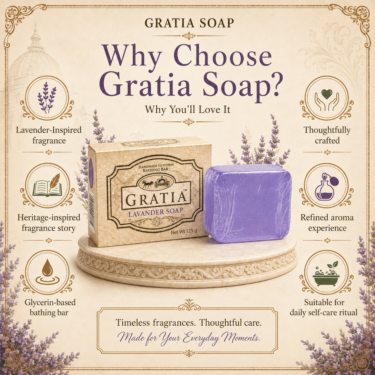 Gratia Handmade Glycerin Soap – Lavender | Luxury Aromatic Bathing Bar (125g)