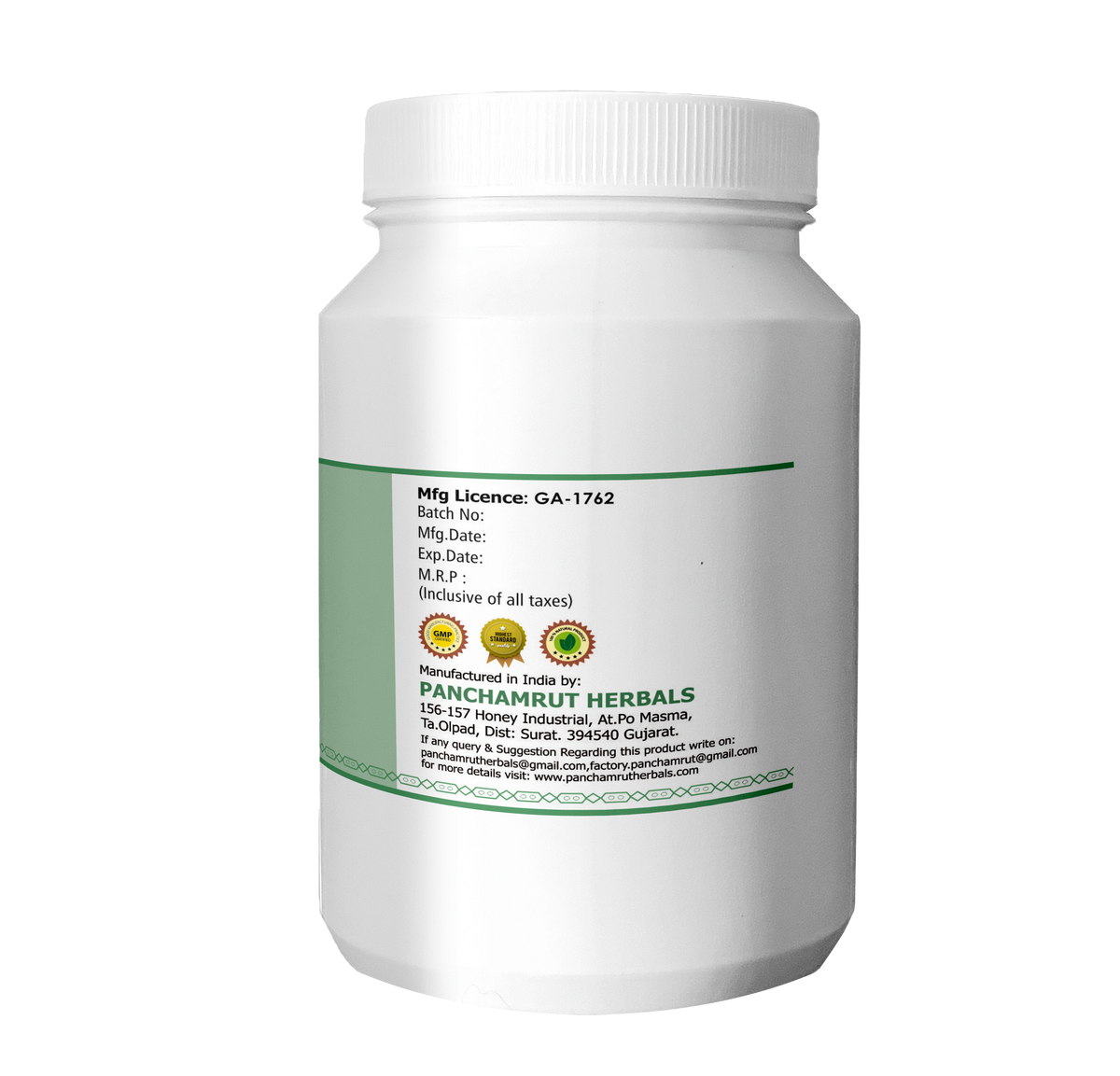 Erand Bhrasht Haritaki 500 g jar label detail — Aryabhishak reference, Mfg Lic GA-1762 | Riddhish Herbals