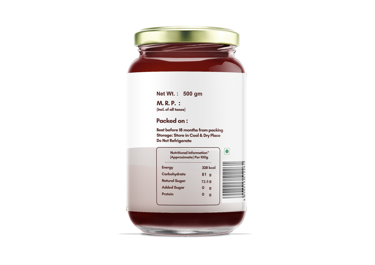 Ajwain Raw Honey 500g right label - nutrition and net weight 500g | Riddhish Herbals