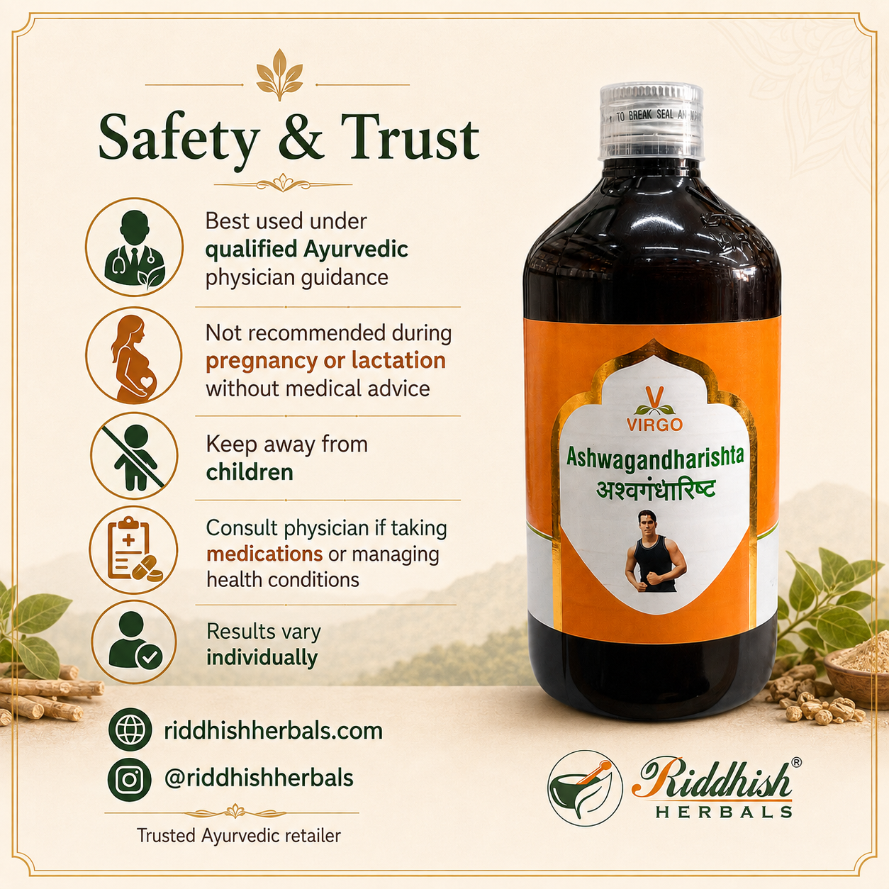 Ashwagandharishta safety trust physician consultation trusted Ayurvedic retailer Riddhish Herbals infographic