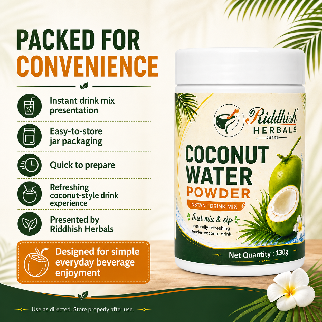 Riddhish Herbals Coconut Water Powder convenience and packaging infographic