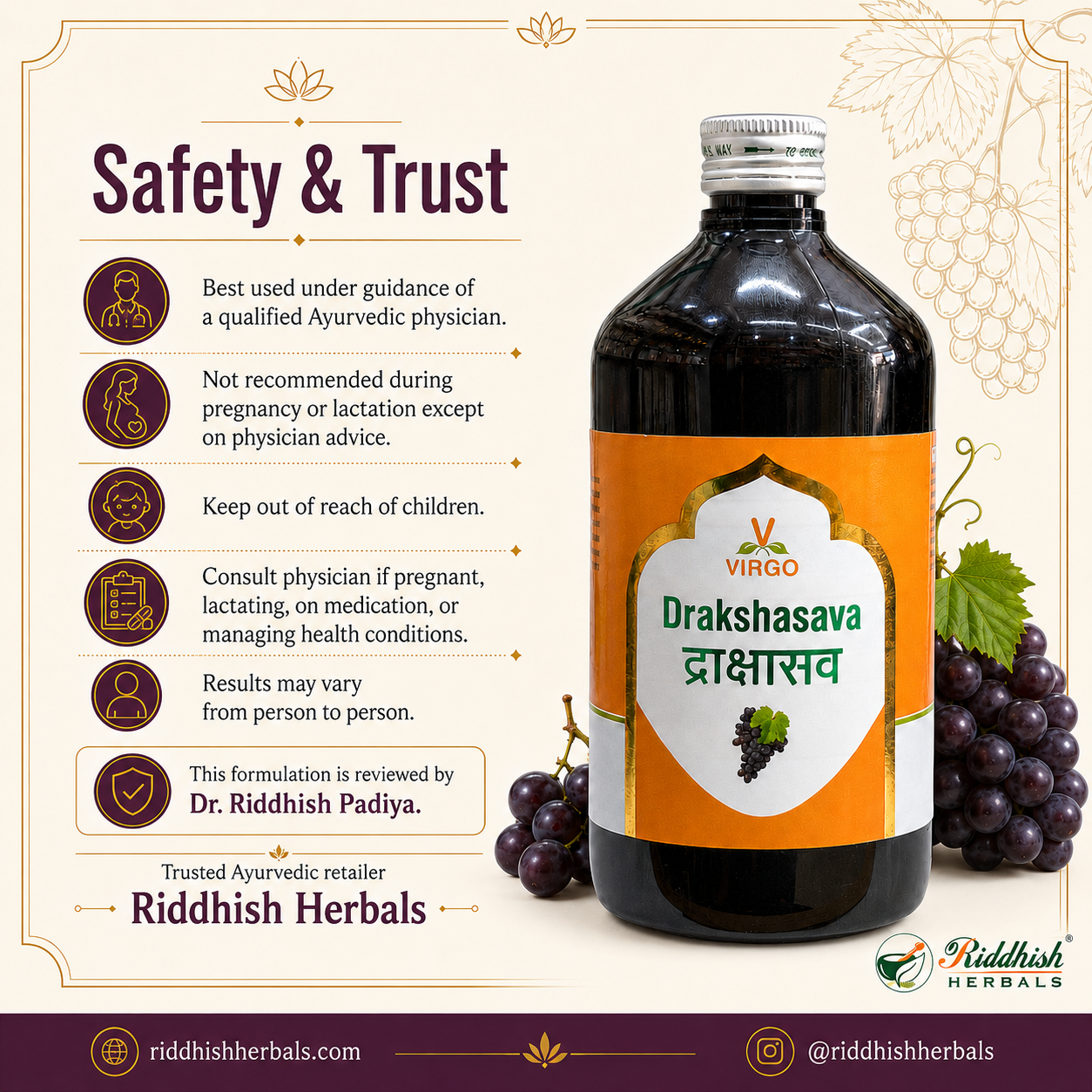 Drakshasava Virgo safety and trust physician guidance infographic by Riddhish Herbals