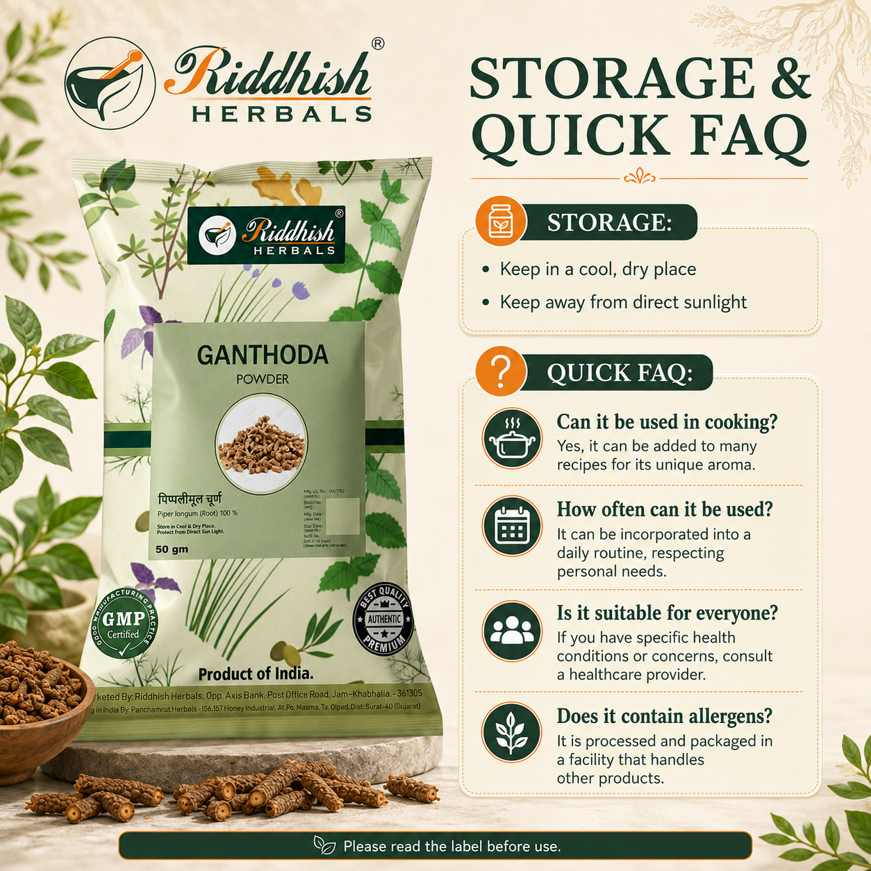 Ganthoda Powder storage and quick FAQ infographic