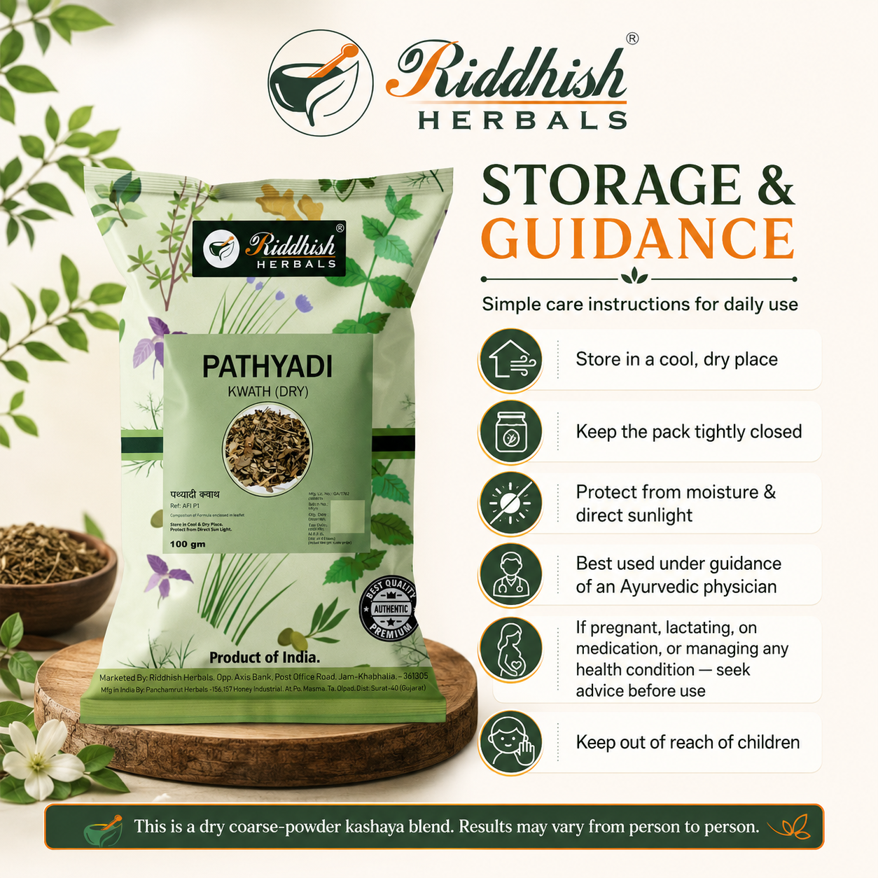 Pathyadi Kwath storage safety and usage guidance infographic