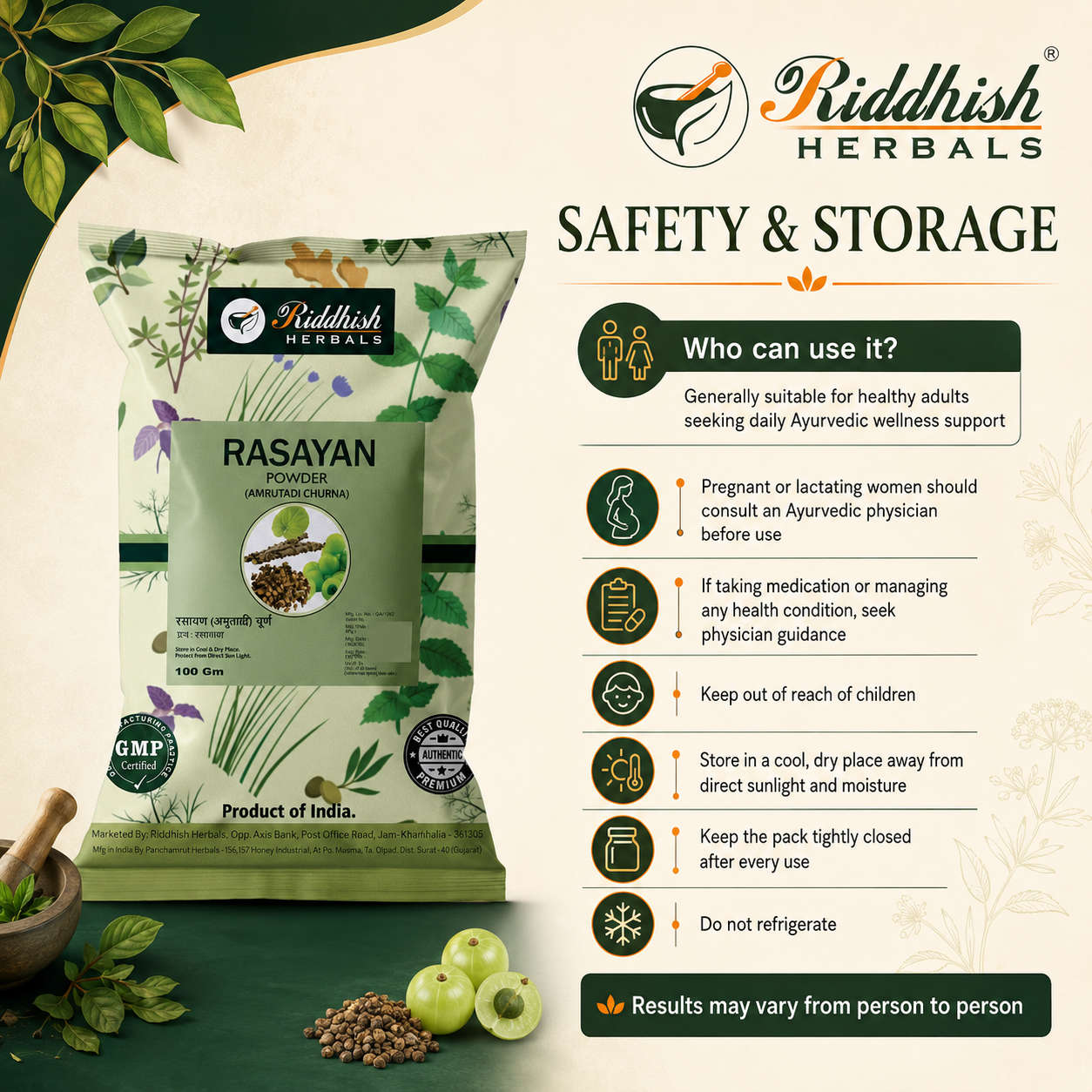 Rasayan Churna safety storage and Ayurvedic physician guidance infographic