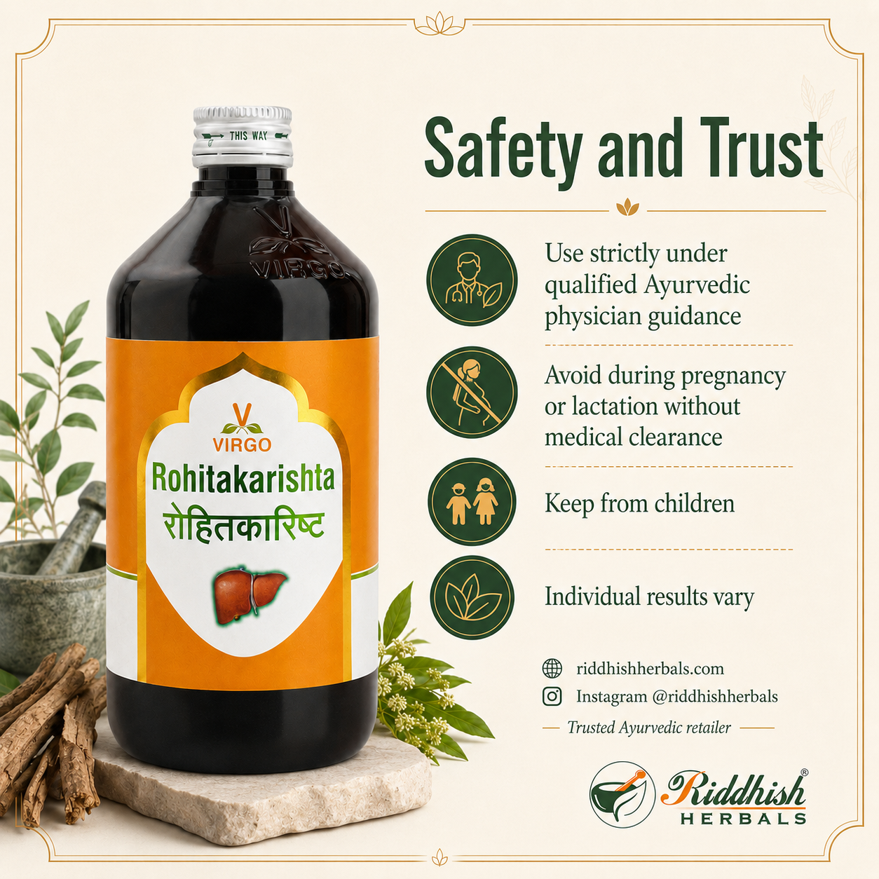 Rohitakarishta Virgo safety and trust physician guidance infographic by Riddhish Herbals