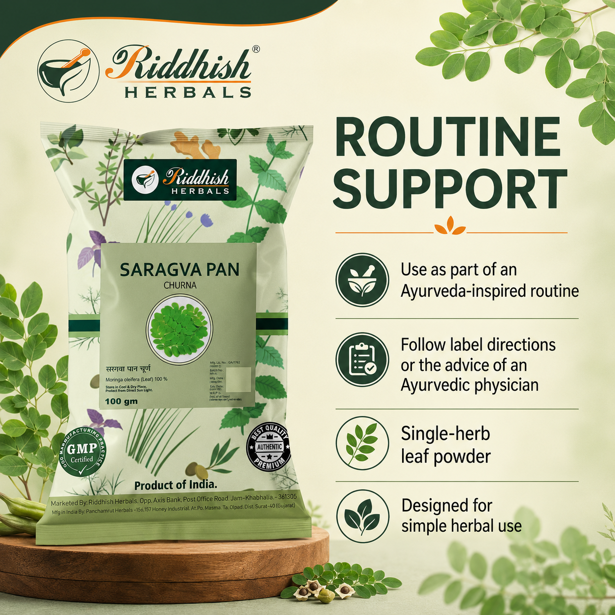 Saragva Pan Churna Ayurveda-inspired routine support and label guidance infographic