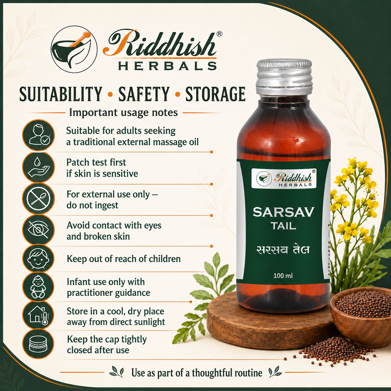 Sarsav Tail suitability safety storage and external use guidance infographic