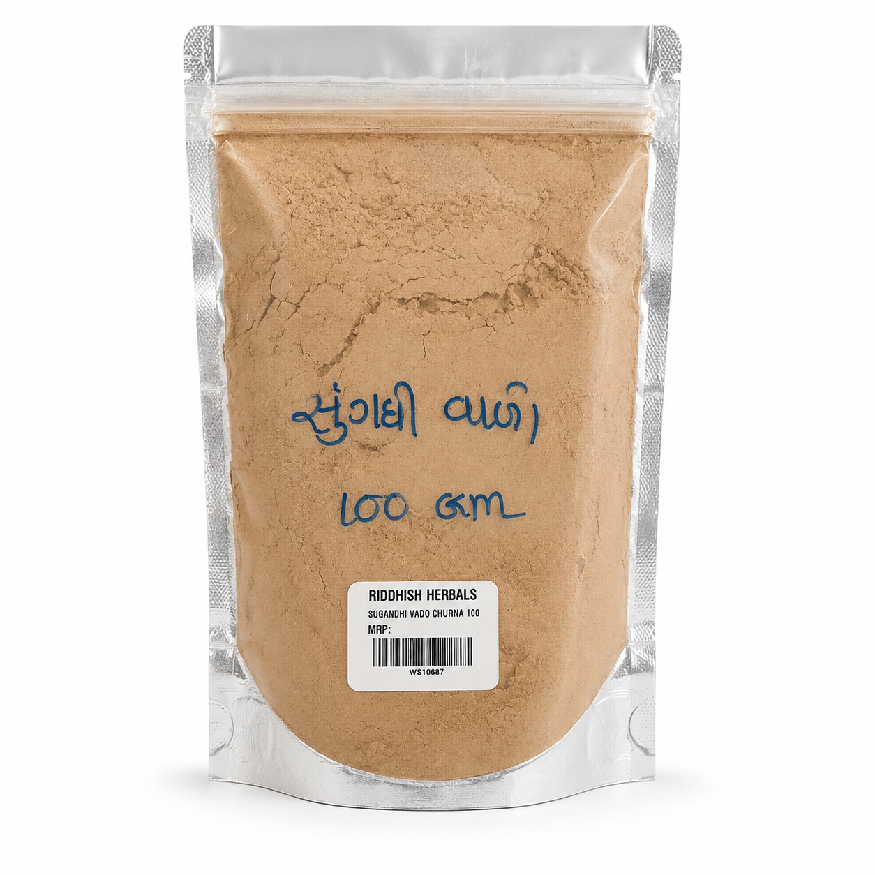 Sugandhi Vado Churna 100g front pouch mockup - Riddhish Herbals
