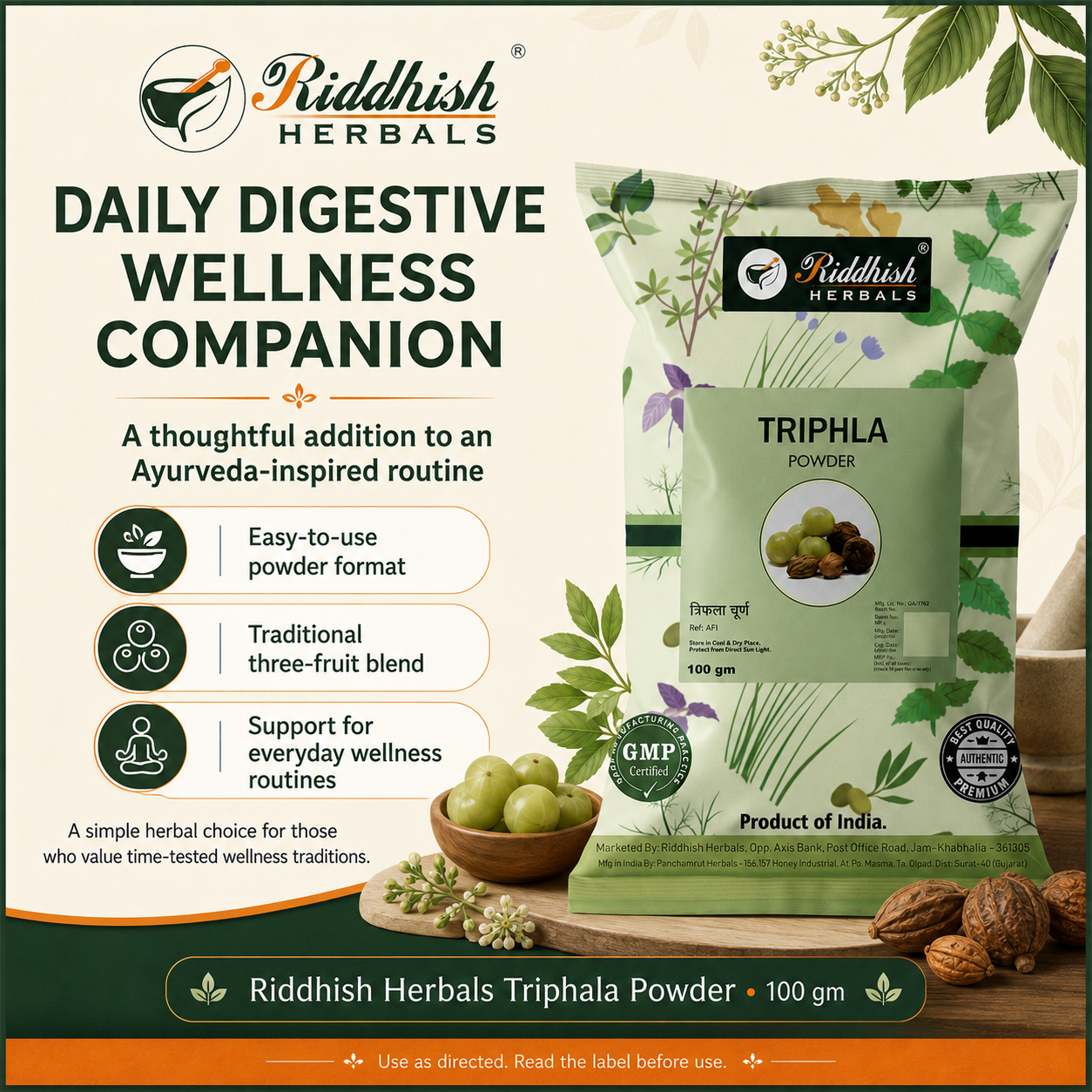 Riddhish Herbals Triphala Powder daily wellness companion infographic
