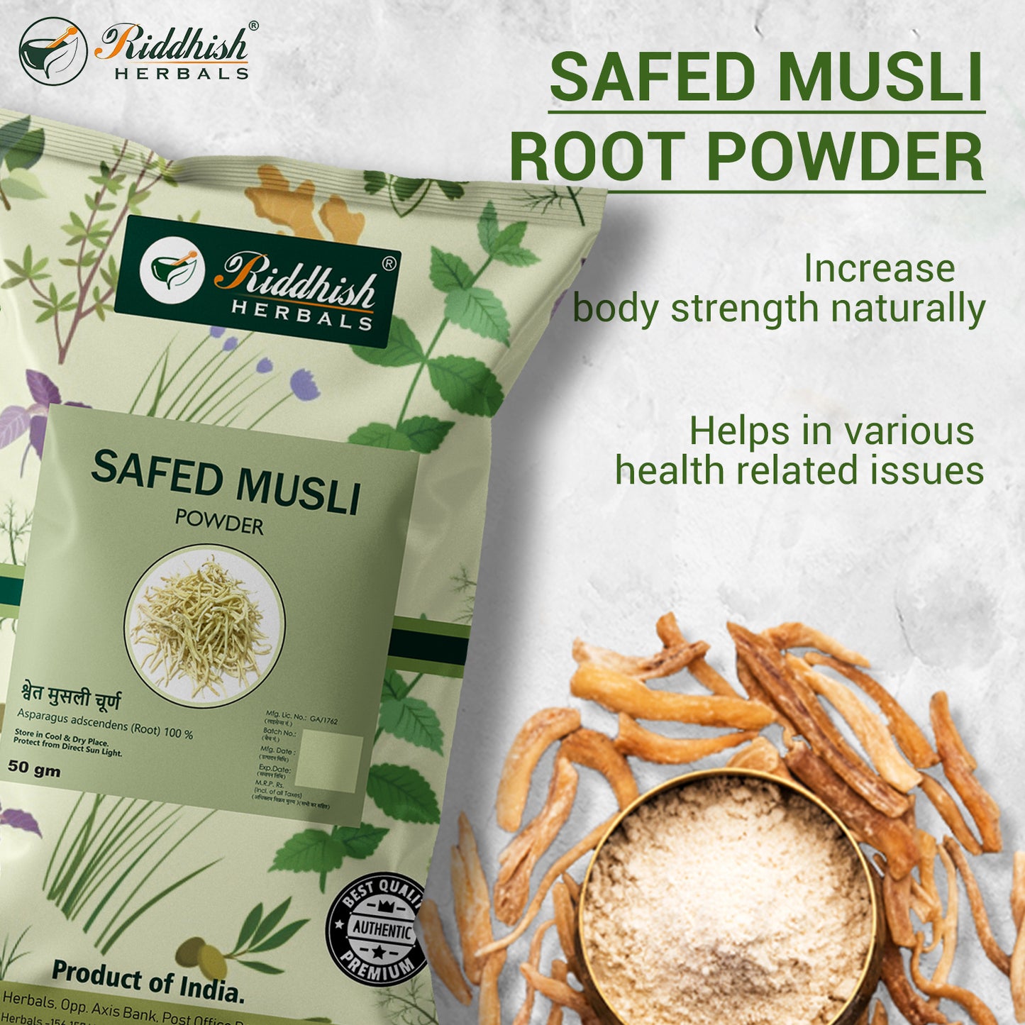 SAFED MUSLI 50gm| Strength, Stamina, and Vitality Booster| Supreme Quality Root Powder | RIDDHISH HERBALS