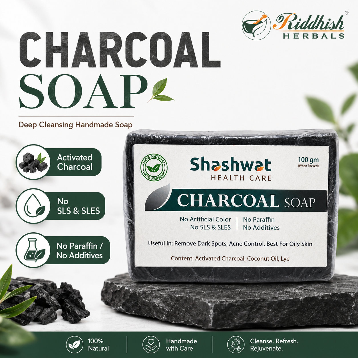 Activated Charcoal Handmade Soap 100gm | Riddhish Herbals | Natural Deep Cleansing Soap