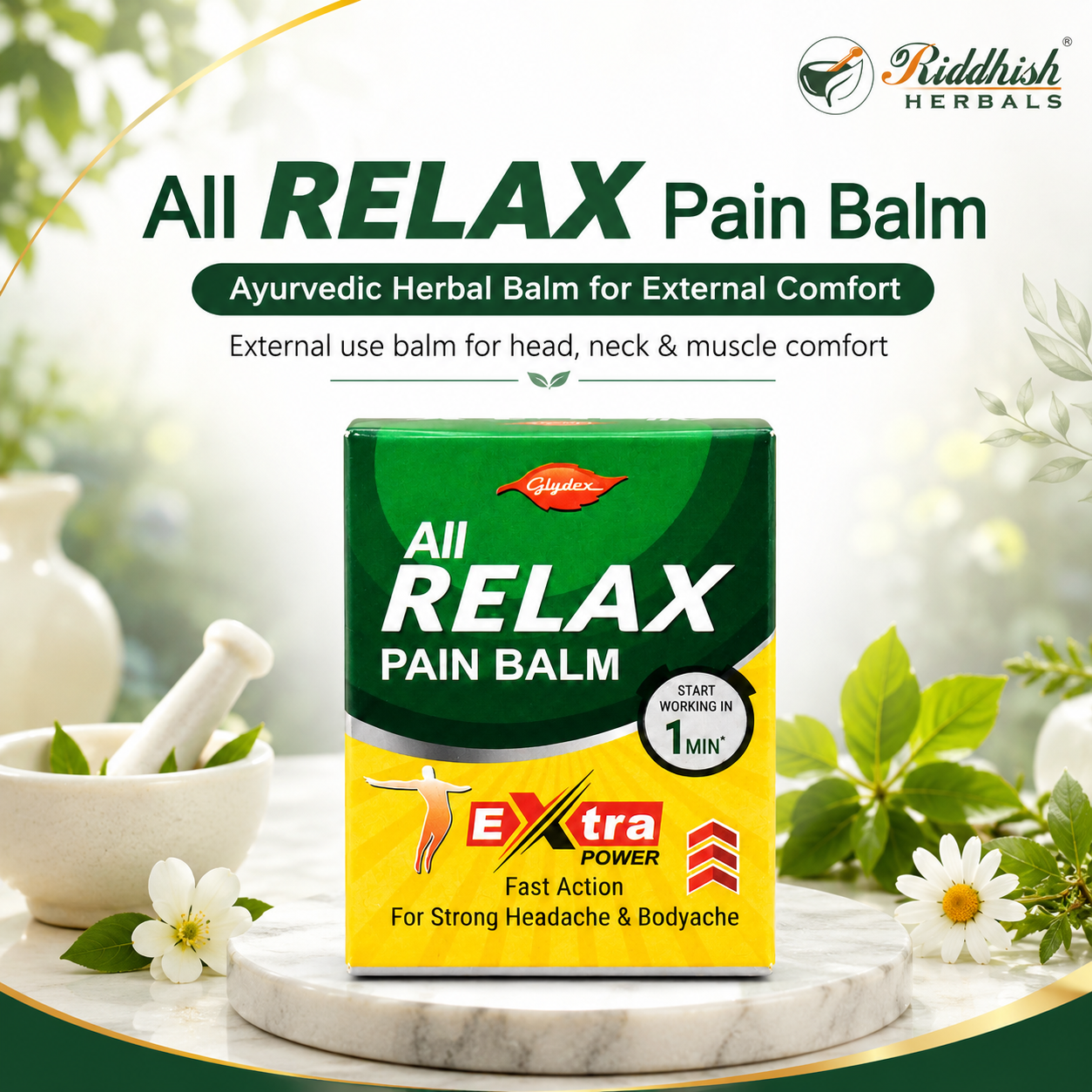All Relax Pain Balm | Glydex | Ayurvedic Herbal Balm for Head, Neck & Muscle Comfort | External Use