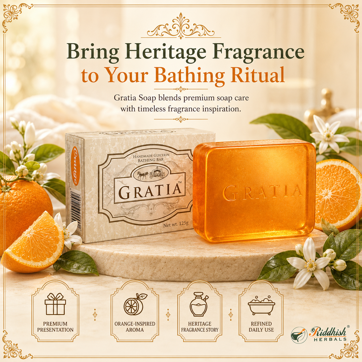Gratia Handmade Glycerin Soap – Orange Extract | Luxury Fragrance Bathing Bar (125g)