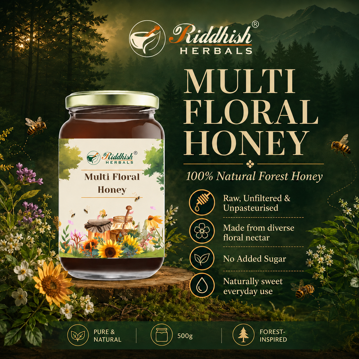 Multi Floral Raw Honey 500g | 100% Natural Forest Honey | Riddhish Herbals