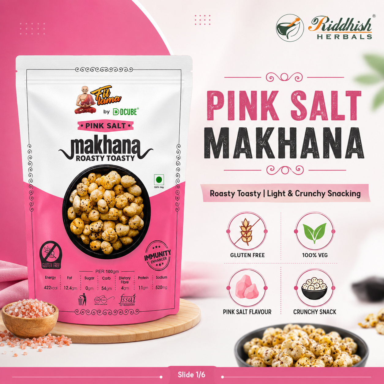 Pink Salt Makhana 95gm | Fox Nuts with Himalayan Pink Salt | Healthy Flavoured Snack | Riddhish Herbals