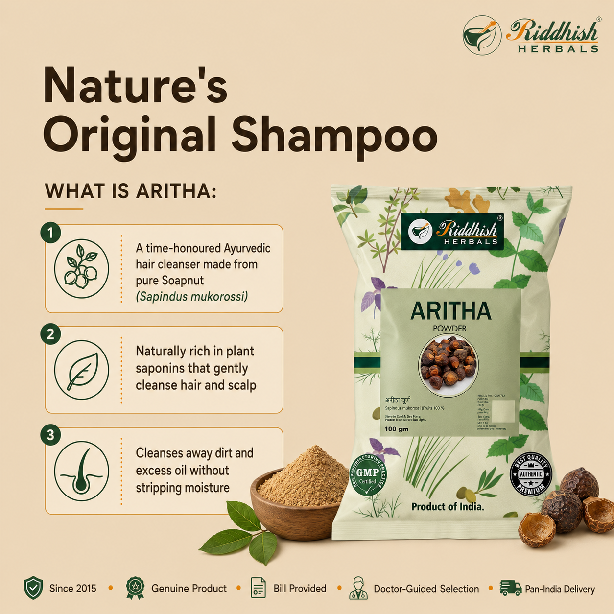 Aritha (Reetha) Powder 100g | Sapindus mukorossi Soapnut Hair Cleanser | Riddhish Herbals