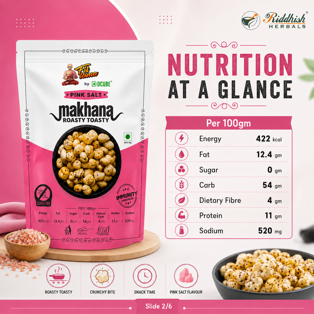 Pink Salt Makhana 95gm | Fox Nuts with Himalayan Pink Salt | Healthy Flavoured Snack | Riddhish Herbals