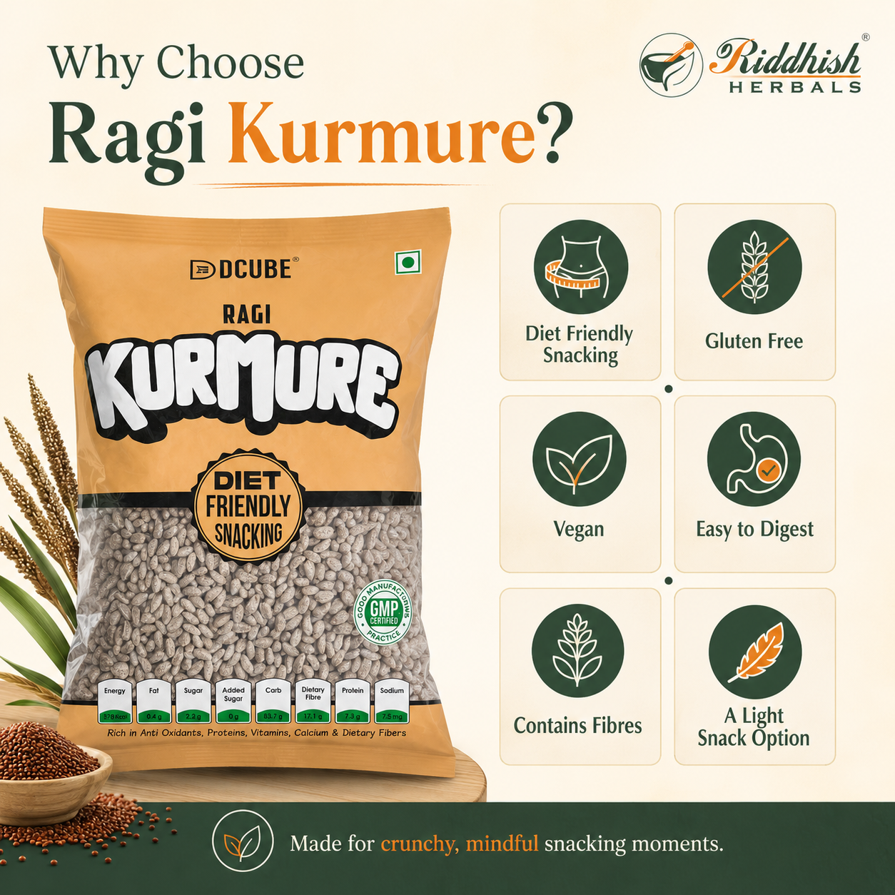 Ragi Mamra 200gm | Finger Millet Puffs | Nutritious Everyday Healthy Snack | Riddhish Herbals