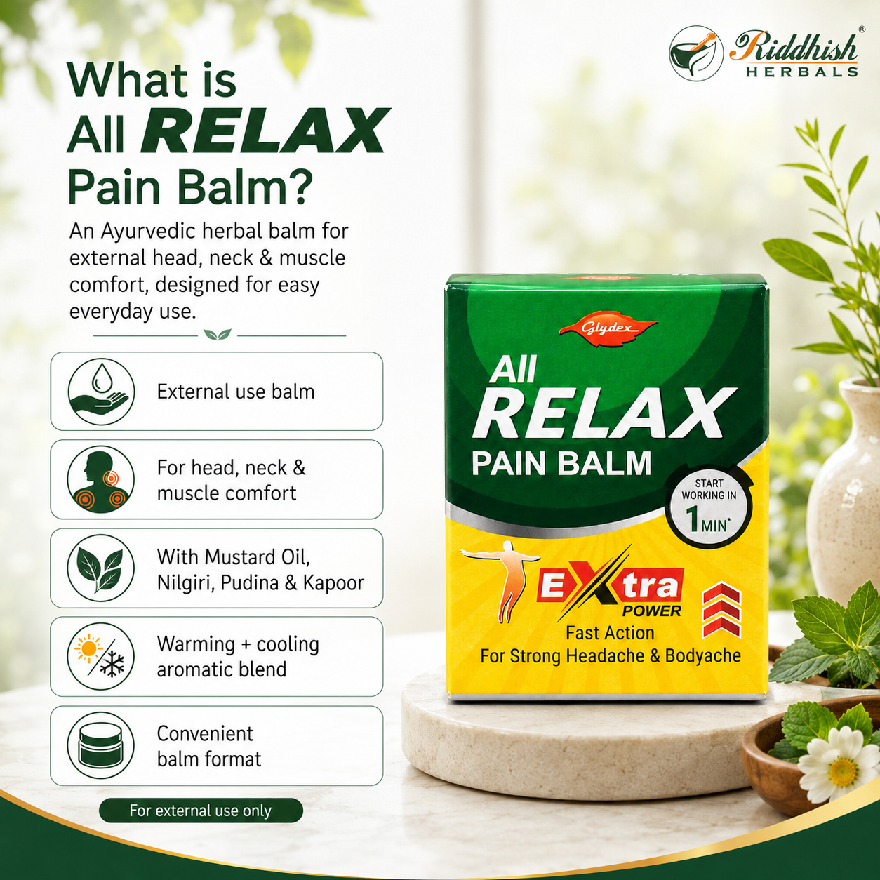All Relax Pain Balm | Glydex | Ayurvedic Herbal Balm for Head, Neck & Muscle Comfort | External Use