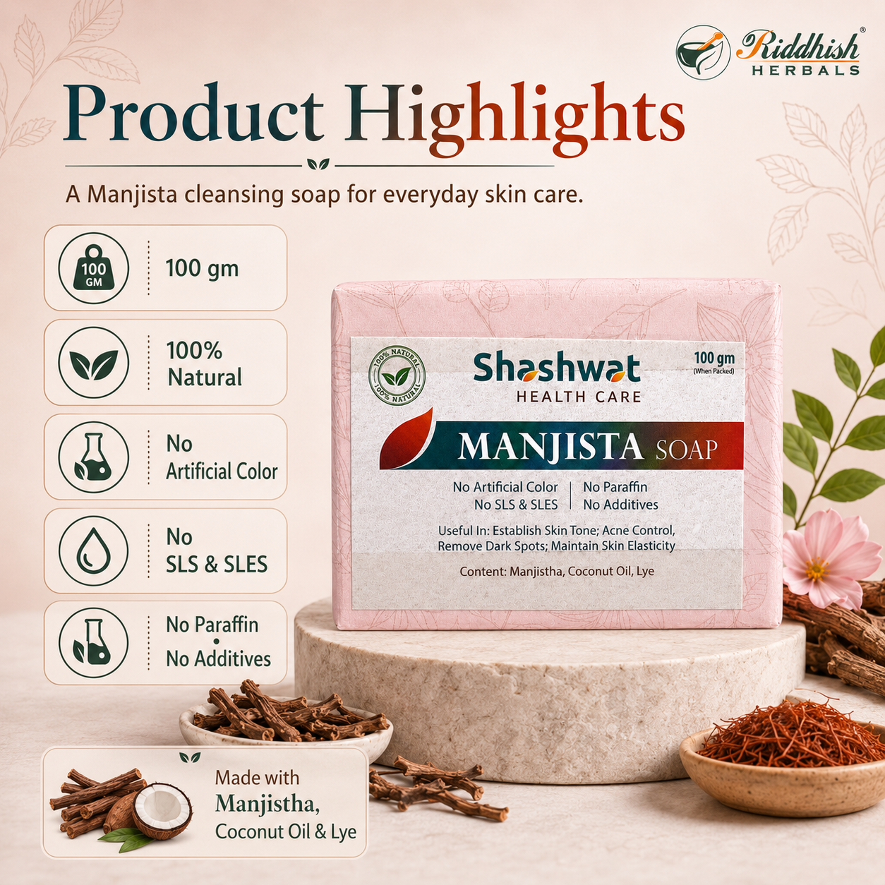 Manjistha Soap (Rubia cordifolia) | Ayurvedic Handmade Skin Tone & Blood-Purifying Soap | Riddhish Herbals | 100g