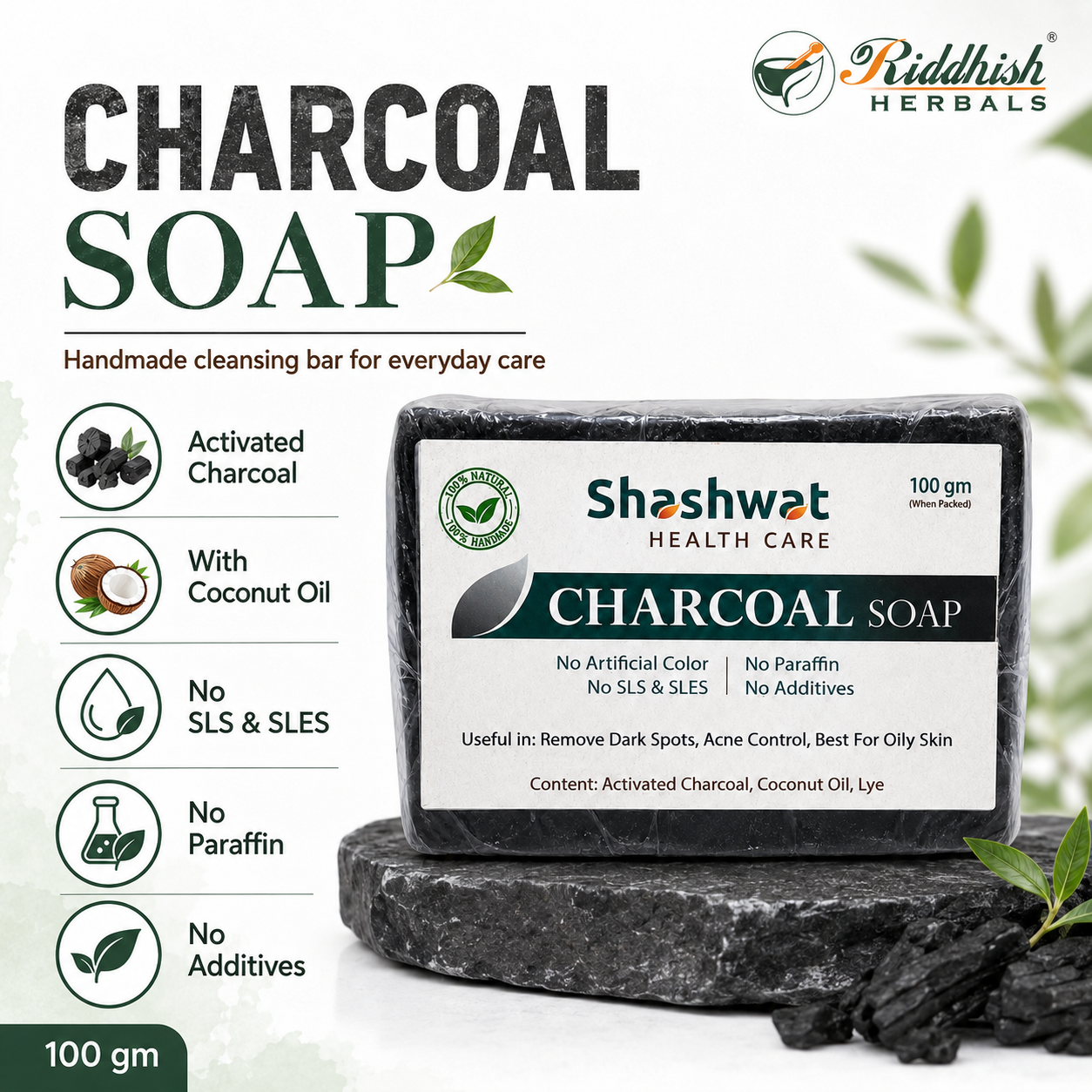 Activated Charcoal Handmade Soap 100gm | Riddhish Herbals | Natural Deep Cleansing Soap