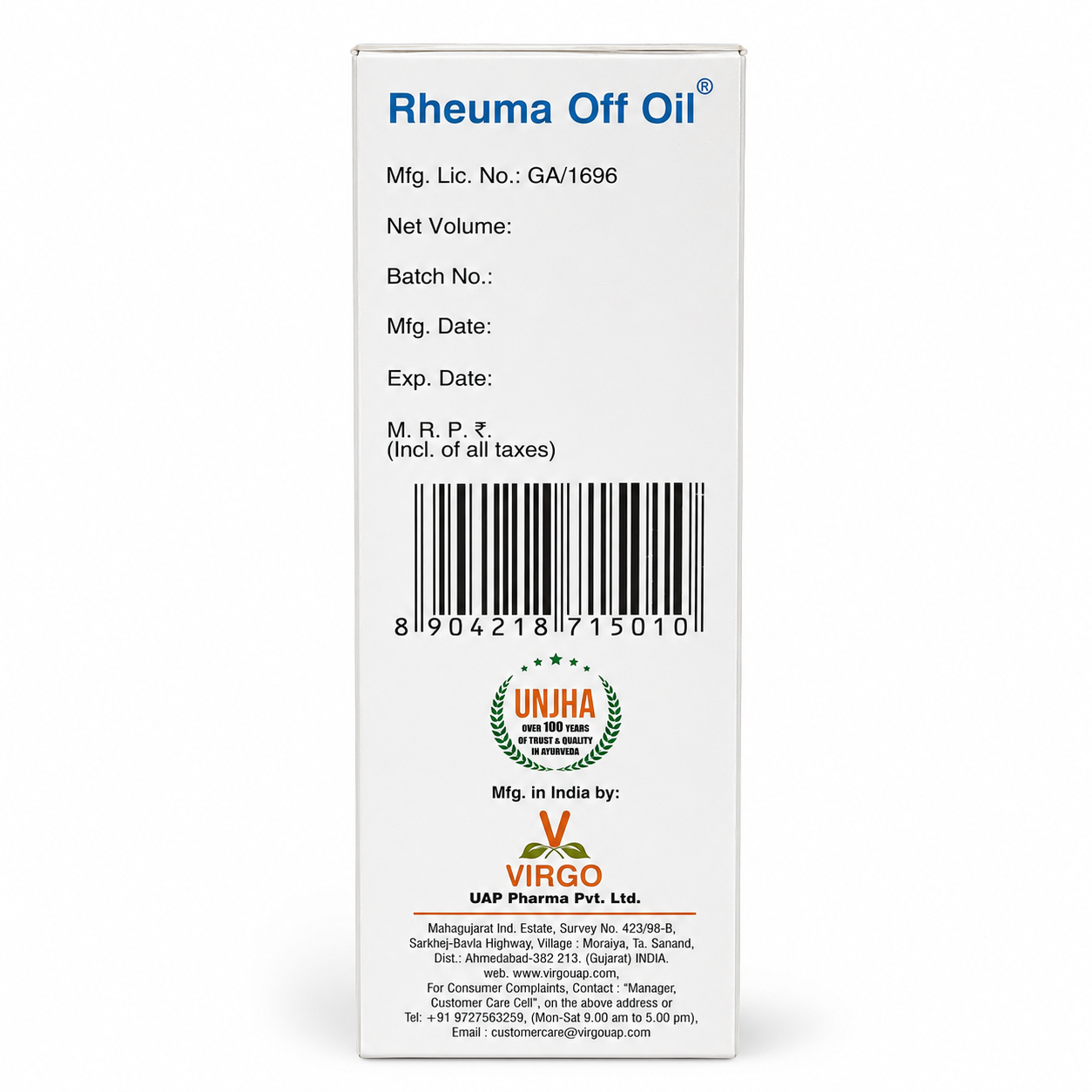 RHEUMA OFF OIL VIRGO UAP (Unjha Ayurvedic Pharmecy) 50ML | Ayurvedic Instant Pain Relief Oil | Natural Solution for Joint, Back, and Muscle Pain | Herbal Formulation