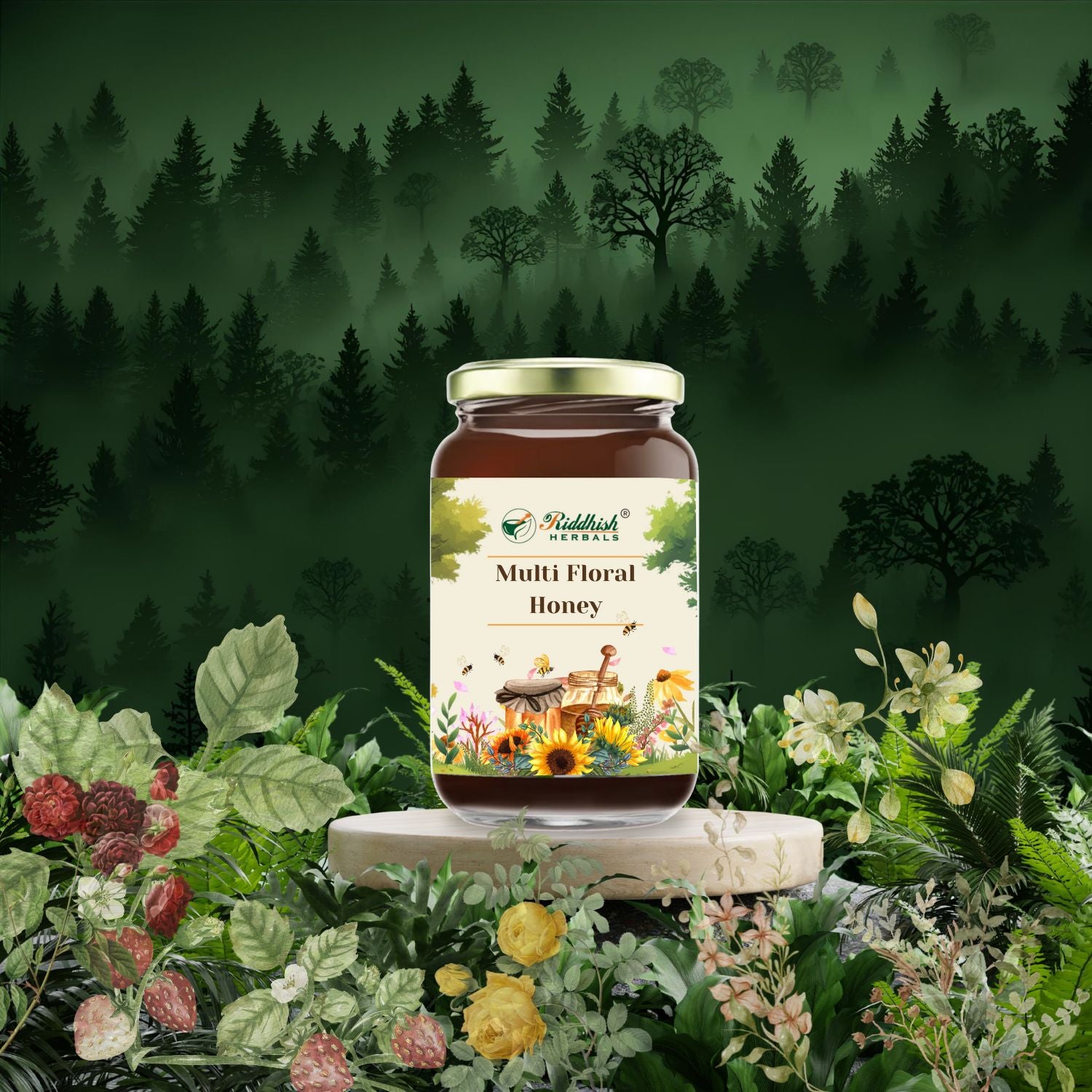 Riddhish Herbals Multi Floral Honey 500g glass jar front label | Natural Forest Honey
