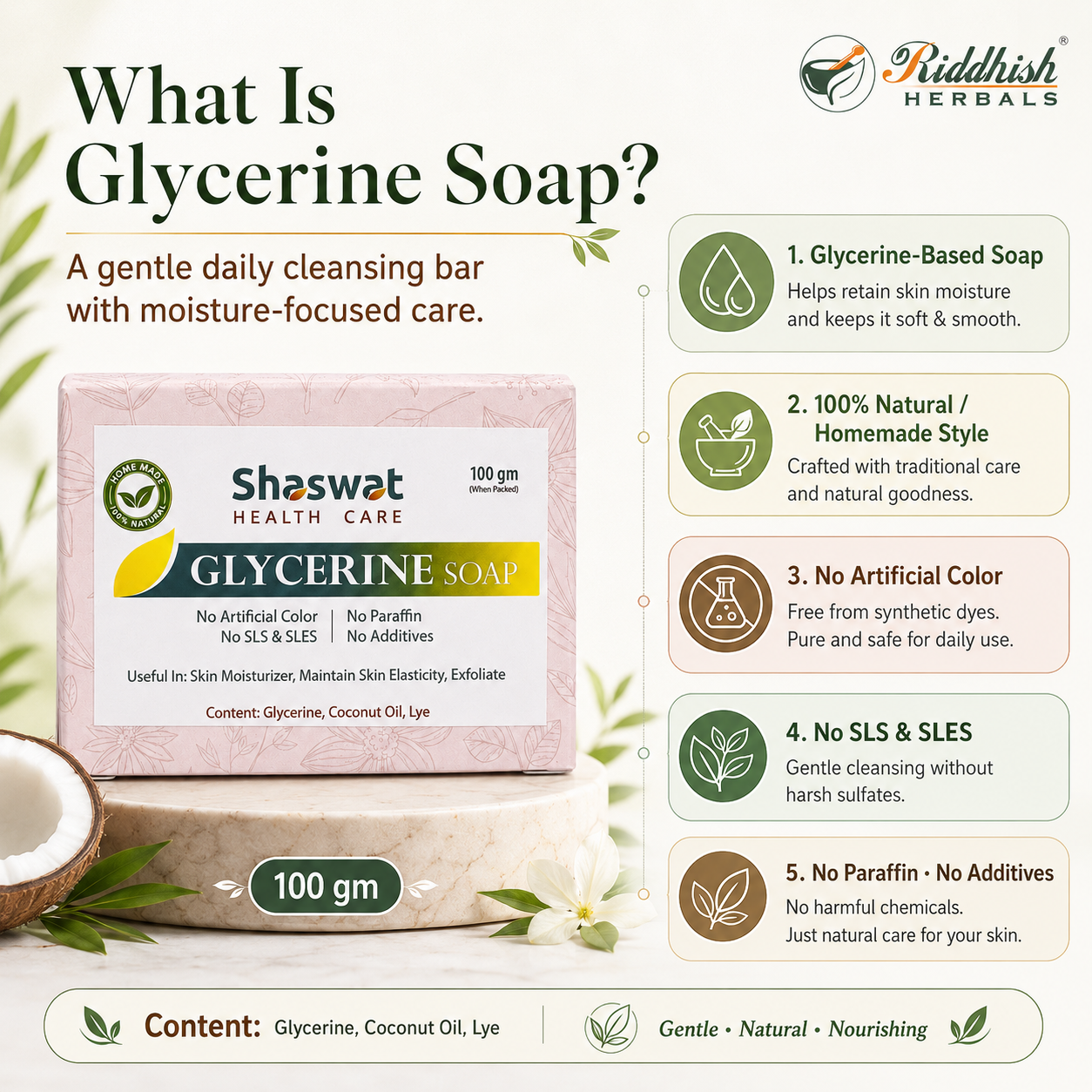 Glycerine Soap | Ayurvedic Handmade Deep Moisturising & Skin Softening Soap | Riddhish Herbals | 100g