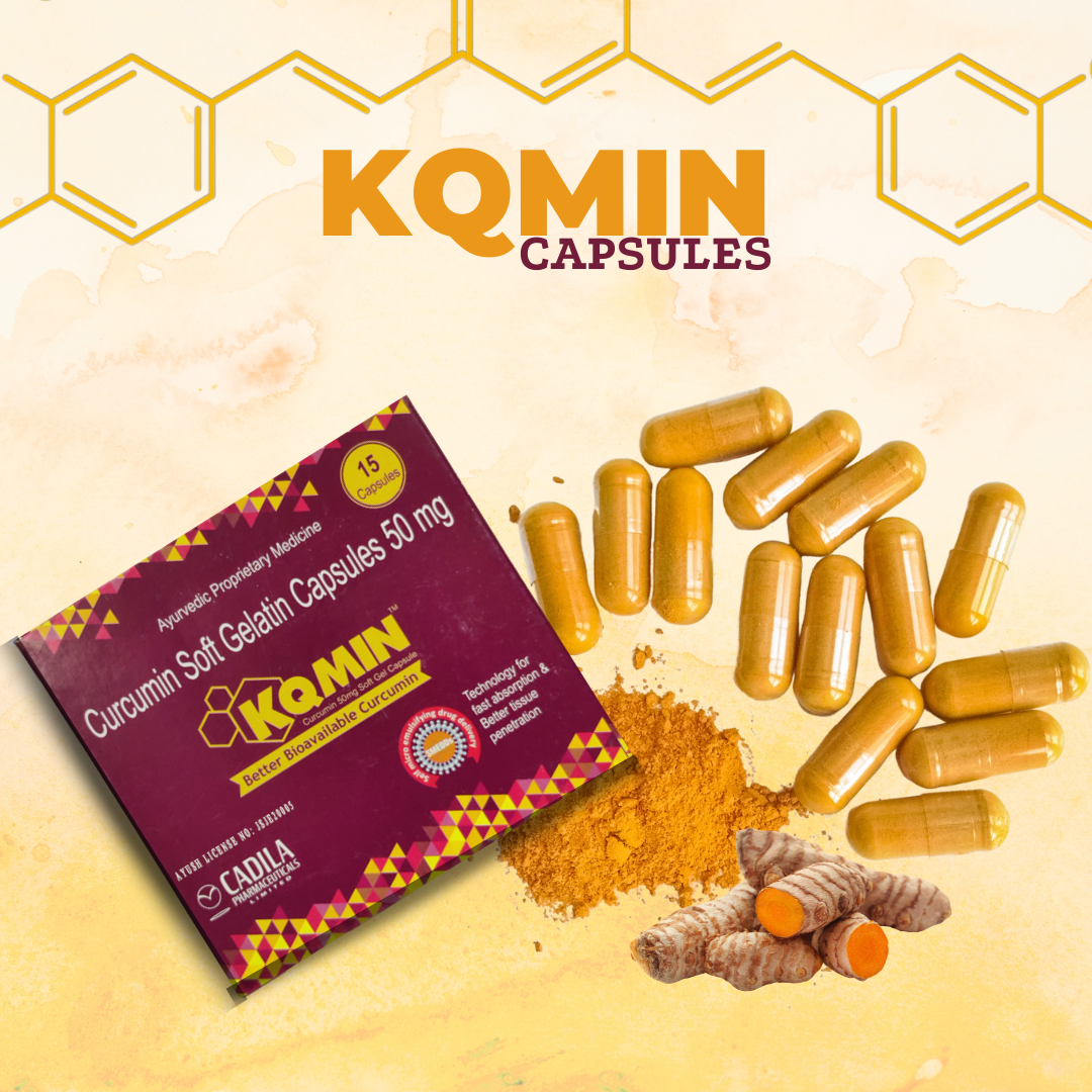 KQMIN Curcumin Soft Gel Capsules (Turmeric/Haridra) – Cadila Pharmaceuticals – 15 Caps