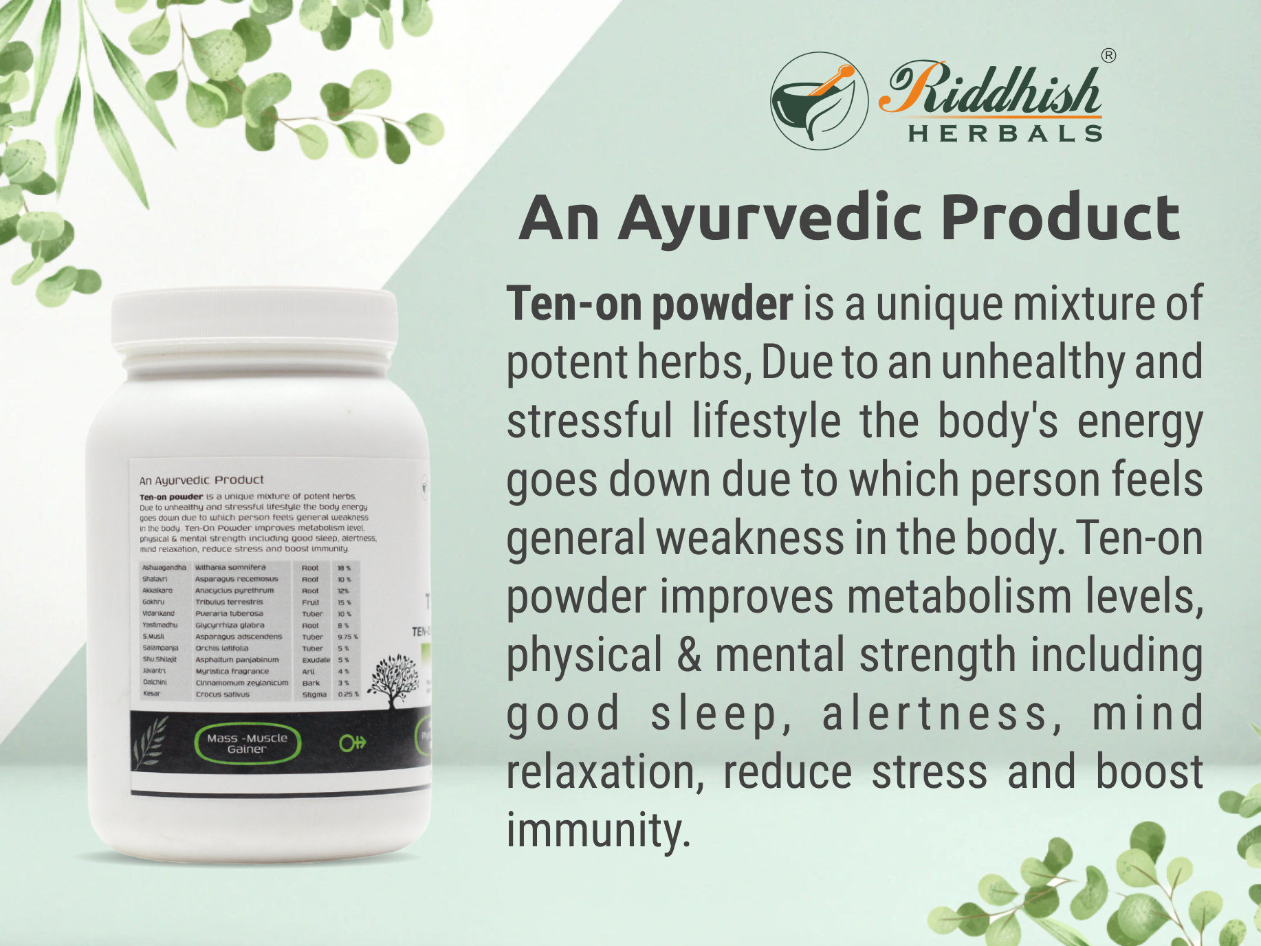 Ten On Powder 100gm open jar view — 12-herb Ayurvedic vitality powder Riddhish Herbals