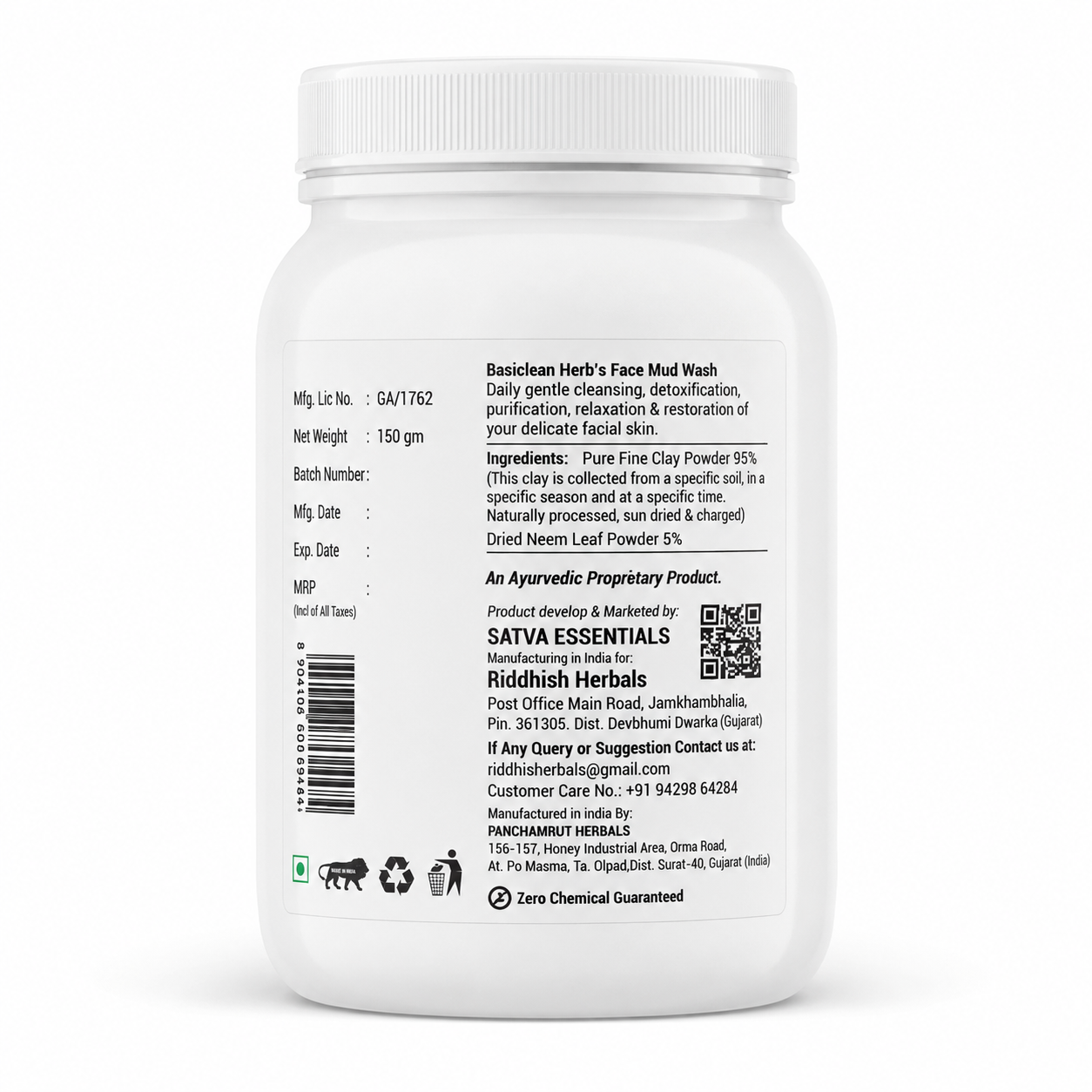 Basiclean Herb's Mud Face Wash Powder | Herbal Clay Cleanser | 150gm | Riddhish Herbals