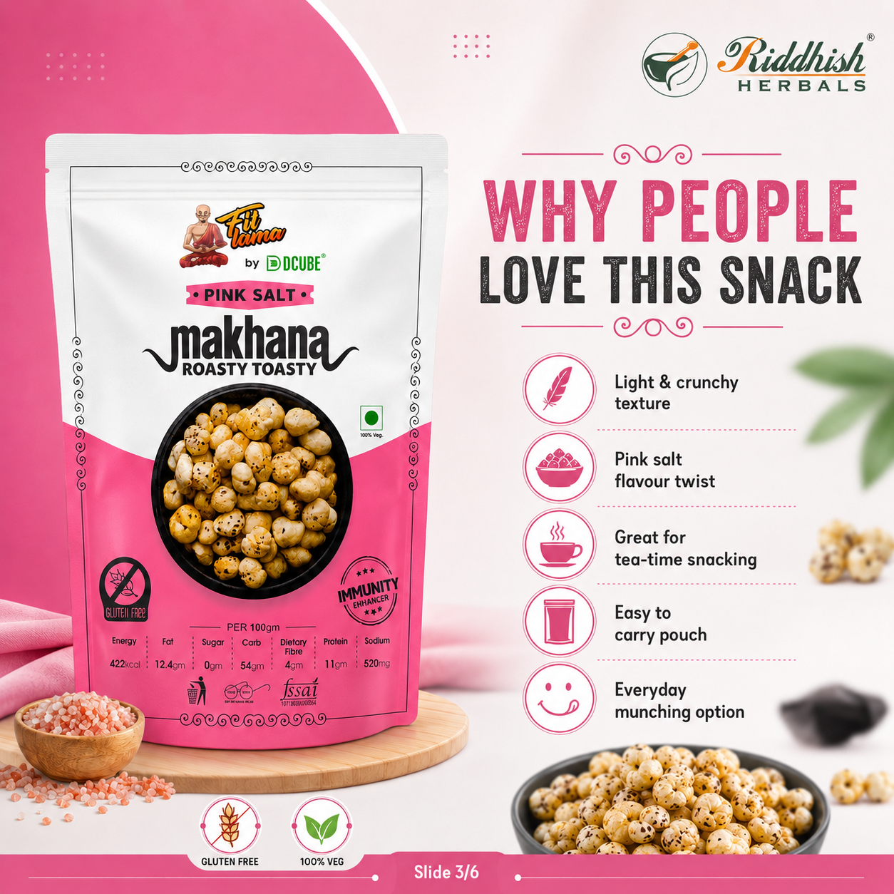 Pink Salt Makhana 95gm | Fox Nuts with Himalayan Pink Salt | Healthy Flavoured Snack | Riddhish Herbals