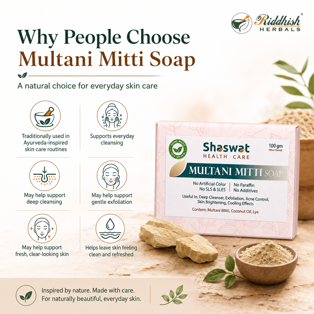 Multani Matti Soap (Fuller's Earth) | Ayurvedic Handmade Deep Pore Cleansing & Oil Control Soap | Riddhish Herbals | 100g