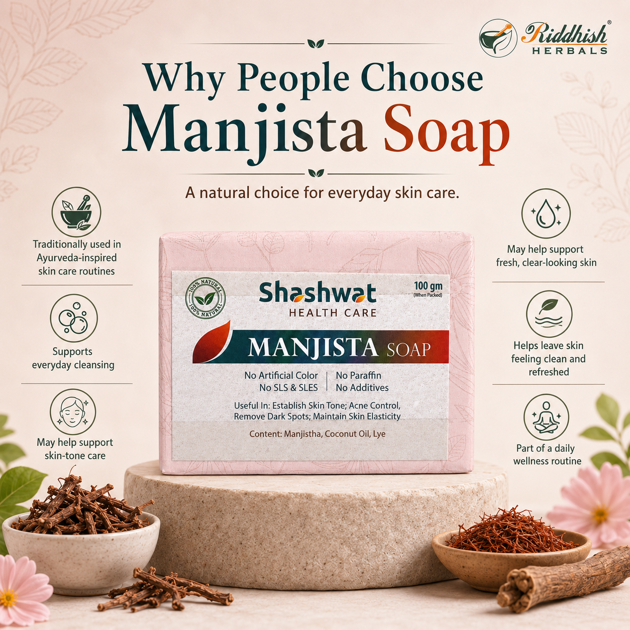 Manjistha Soap (Rubia cordifolia) | Ayurvedic Handmade Skin Tone & Blood-Purifying Soap | Riddhish Herbals | 100g