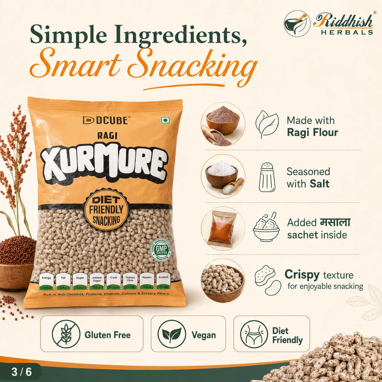 Ragi Mamra 200gm | Finger Millet Puffs | Nutritious Everyday Healthy Snack | Riddhish Herbals