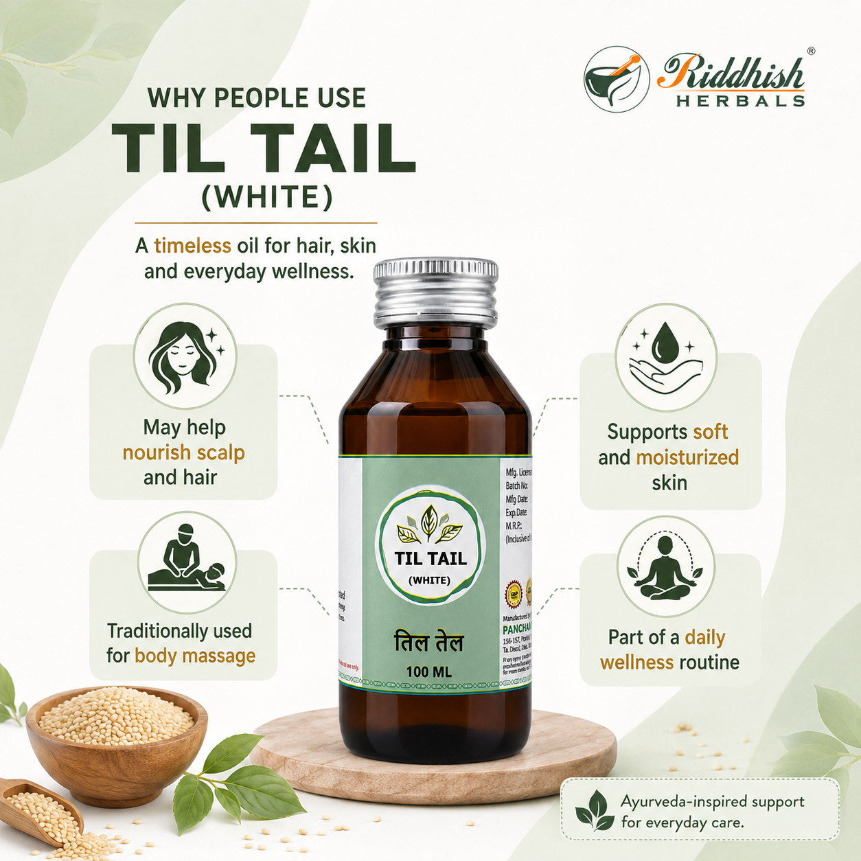 Til Tail 100ml | Panchamrut Herbals | Pure Sesame Oil for Ayurvedic Massage, Skin & Hair Wellness