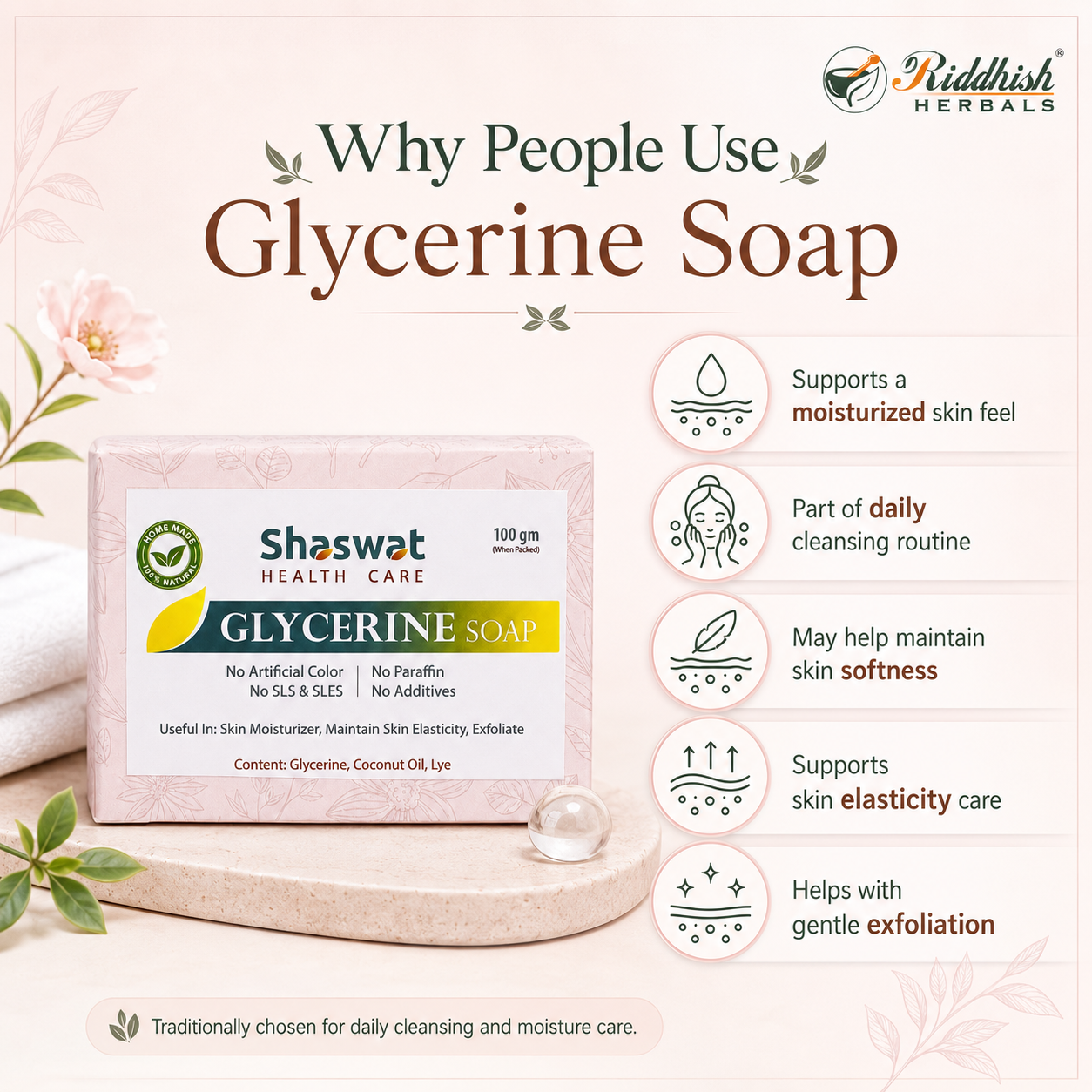 Glycerine Soap | Ayurvedic Handmade Deep Moisturising & Skin Softening Soap | Riddhish Herbals | 100g