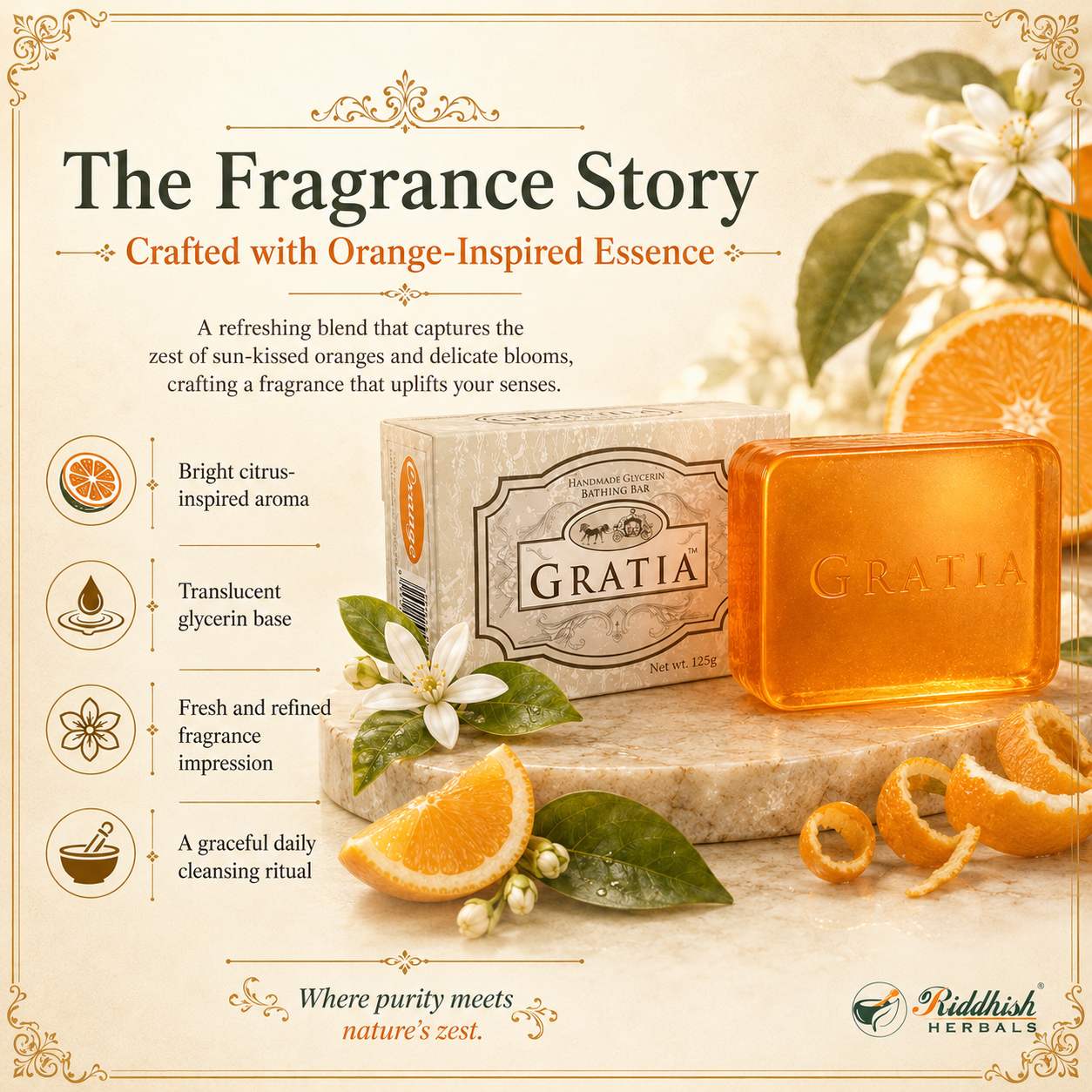 Gratia Handmade Glycerin Soap – Orange Extract | Luxury Fragrance Bathing Bar (125g)
