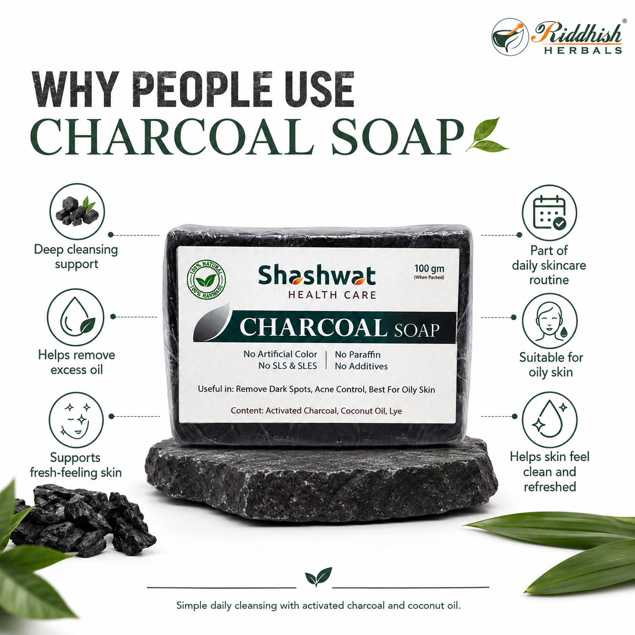 Activated Charcoal Handmade Soap 100gm | Riddhish Herbals | Natural Deep Cleansing Soap